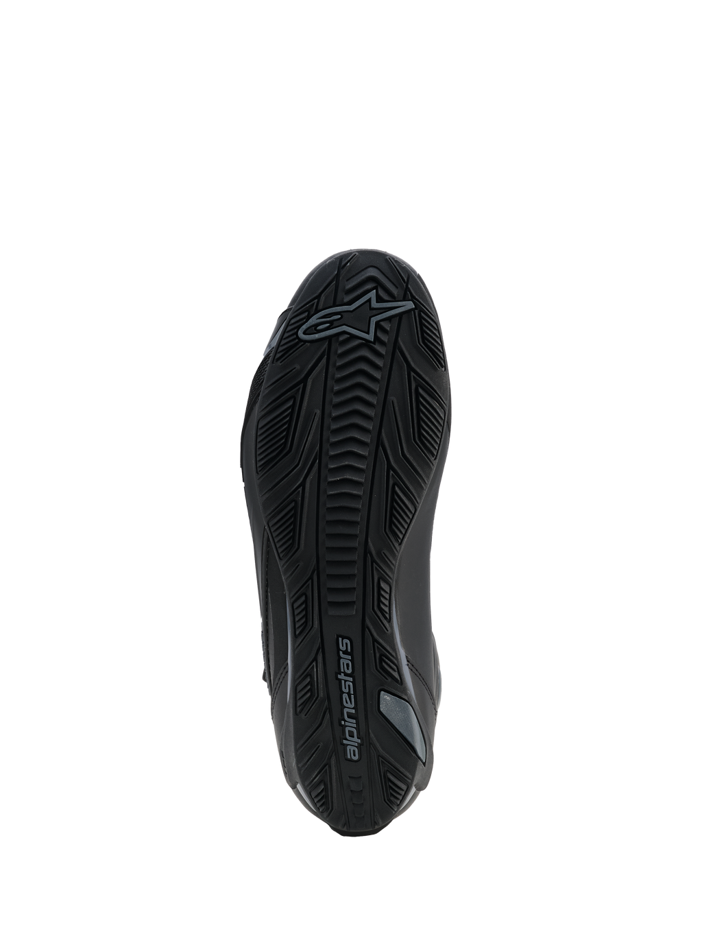 Sapatos Alpinestars Faster-4 Drystar®, Preto Cool Gray, vista inferior mostrando a sola de borracha texturizada com padrão de aderência e logótipo Alpinestars, design reforçado para estabilidade e tração.