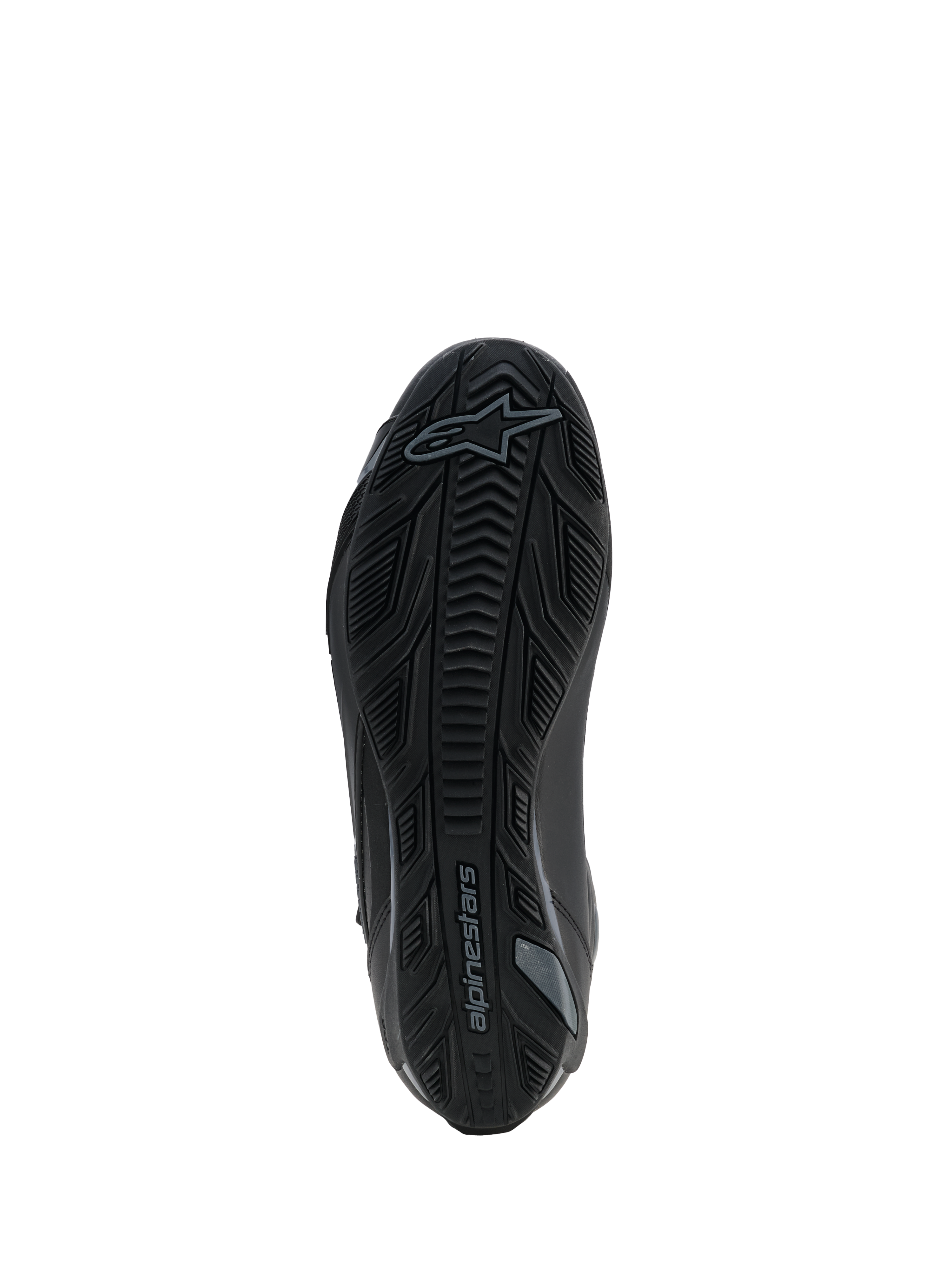 Sapatos Alpinestars Faster-4 Drystar®, Preto Cool Gray, vista inferior mostrando a sola de borracha texturizada com padrão de aderência e logótipo Alpinestars, design reforçado para estabilidade e tração.