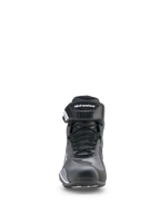 Sapatos Alpinestars Faster-4 Drystar®, sapatos de motociclismo, em preto, cinzento cool e branco, vista frontal com fecho de atacadores e tira de velcro no tornozelo, perfil desportivo de cano baixo para condução em estrada