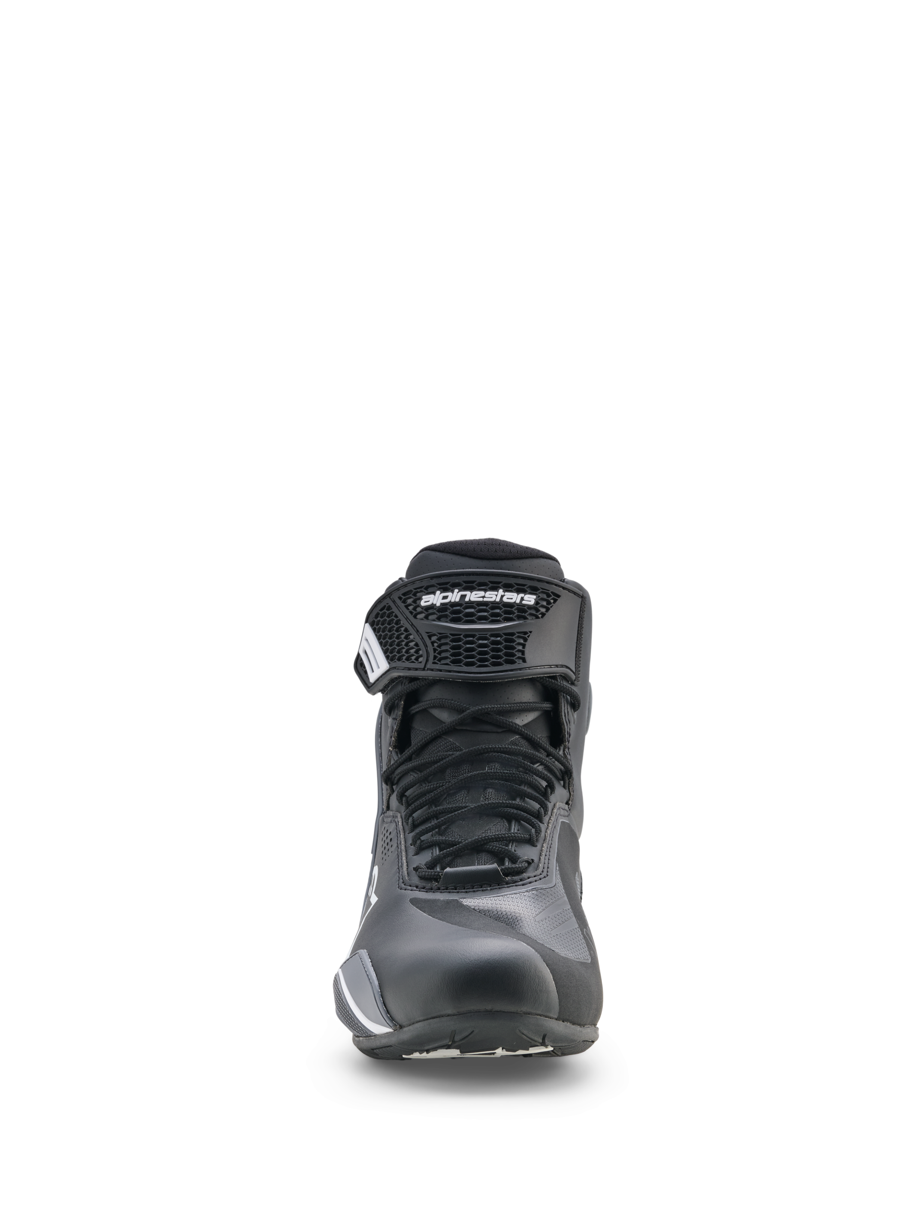 Sapatos Alpinestars Faster-4 Drystar®, sapatos de motociclismo, em preto, cinzento cool e branco, vista frontal com fecho de atacadores e tira de velcro no tornozelo, perfil desportivo de cano baixo para condução em estrada