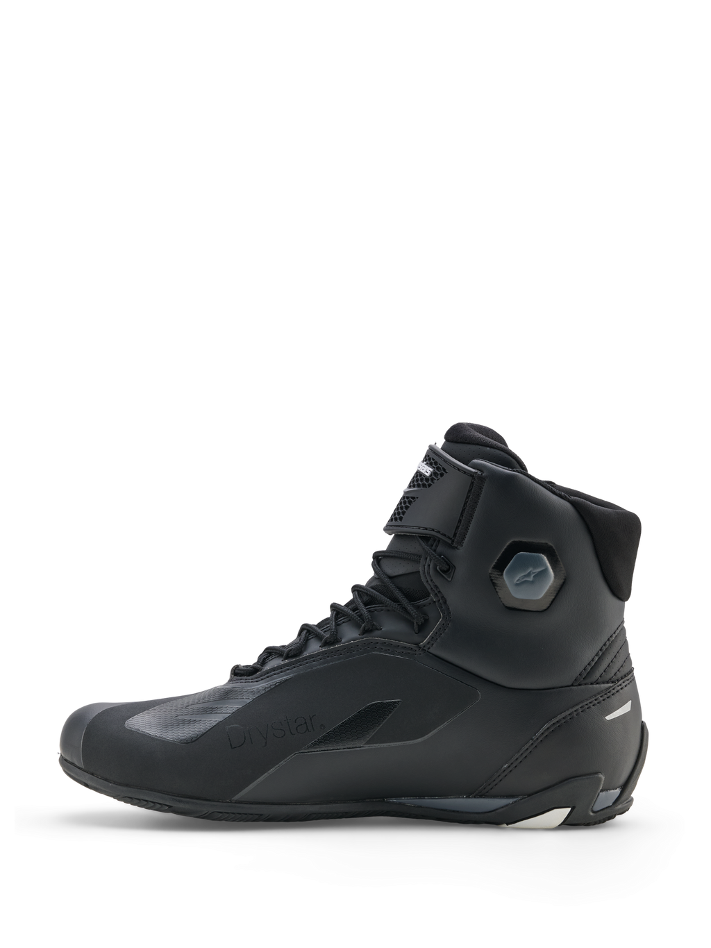 Sapatos Alpinestars Faster-4 Drystar®, sapatos de motociclismo, preto, cinzento cool e branco, vista de perfil lateral com construção impermeável, fecho de atacadores com tira de gancho e laço e proteção de tornozelo integrada.