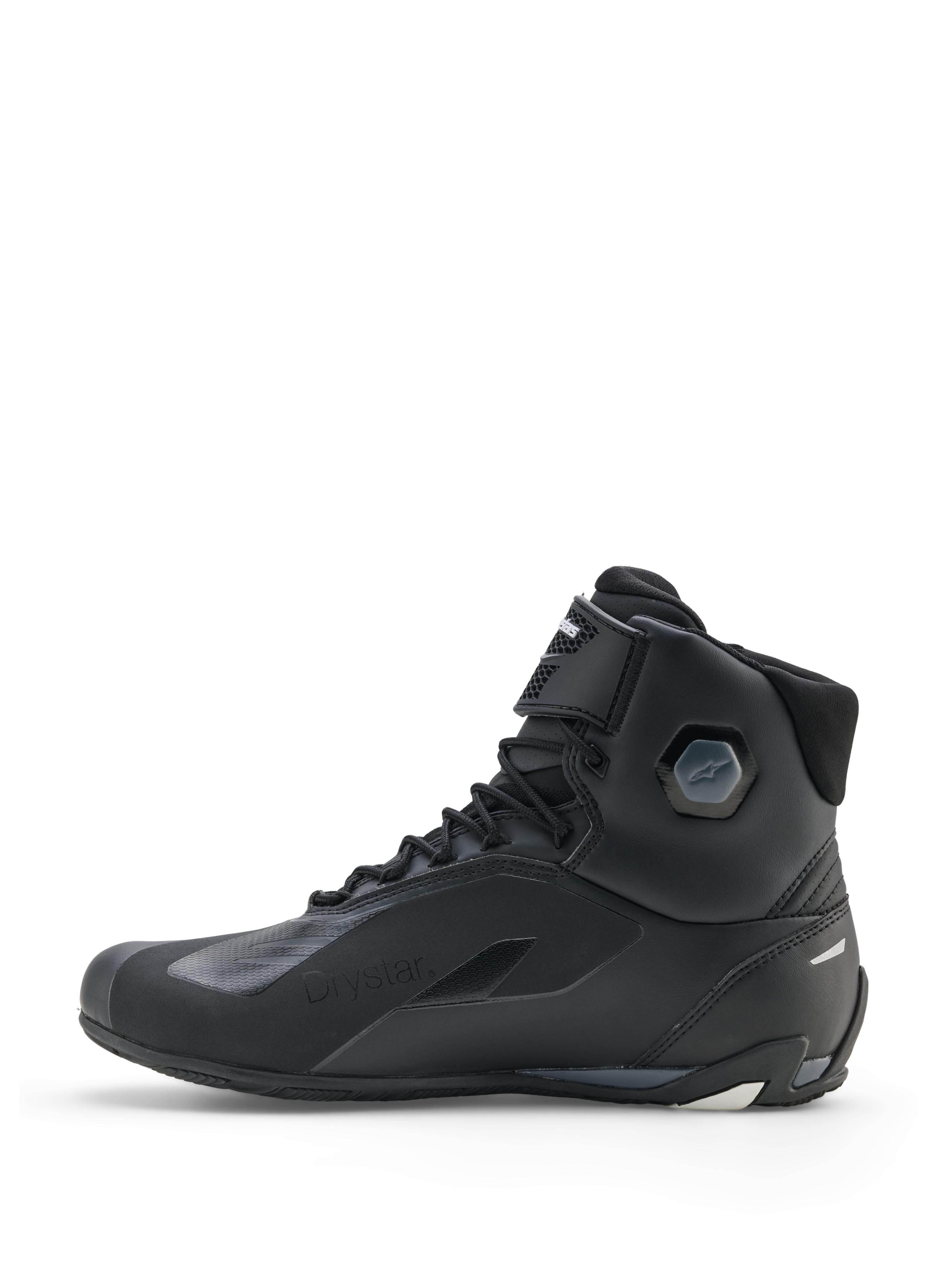 Sapatos Alpinestars Faster-4 Drystar®, sapatos de motociclismo, preto, cinzento cool e branco, vista de perfil lateral com construção impermeável, fecho de atacadores com tira de gancho e laço e proteção de tornozelo integrada.