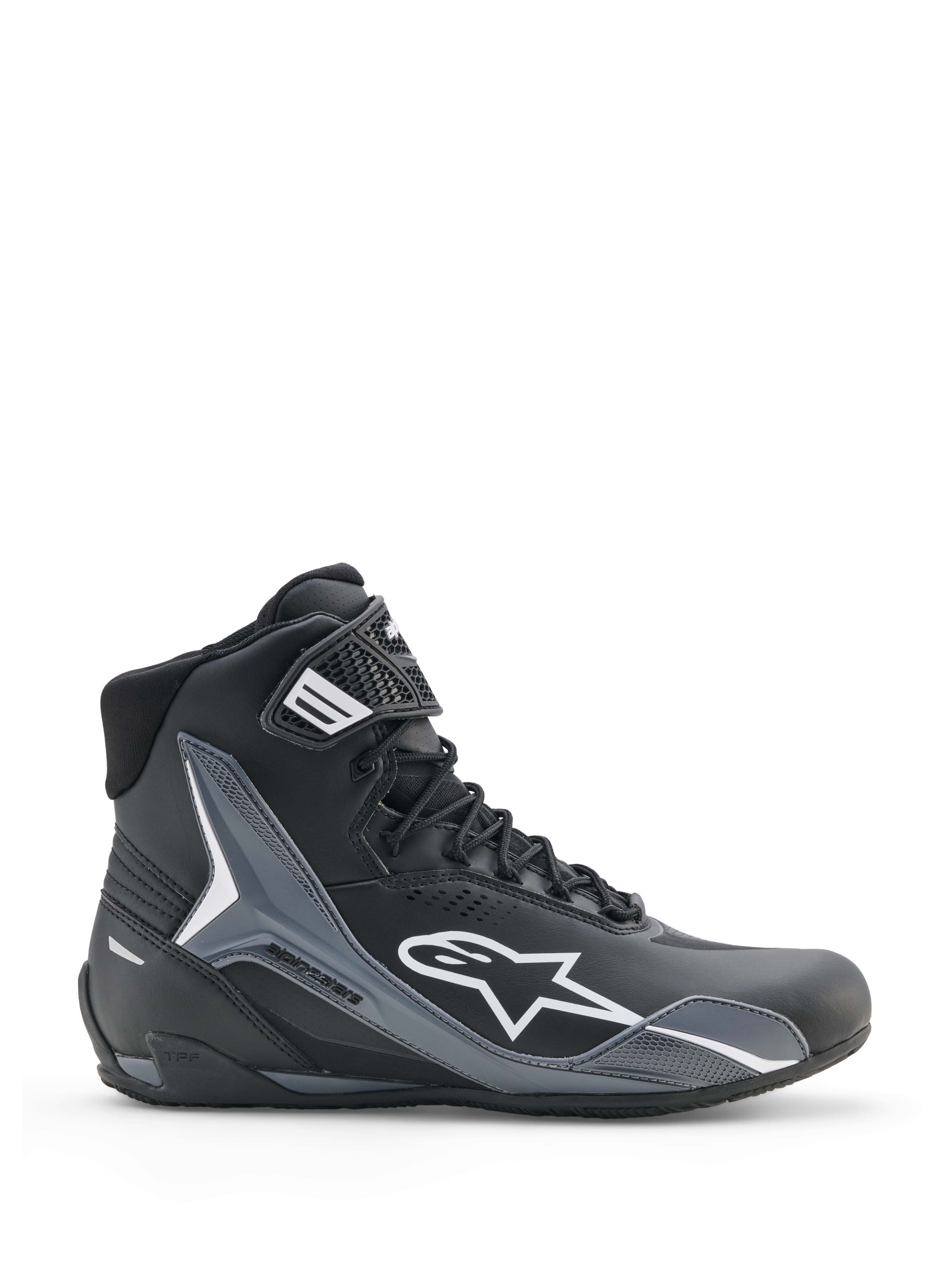Sapatos Alpinestars Faster-4 Drystar, sapatos de motociclismo, preto, cinzento cool e branco, vista de perfil lateral com logótipo Astars branco, design de cano alto com painéis de proteção reforçados, fecho de atacadores com tira no tornozelo, estilo desportivo moderno