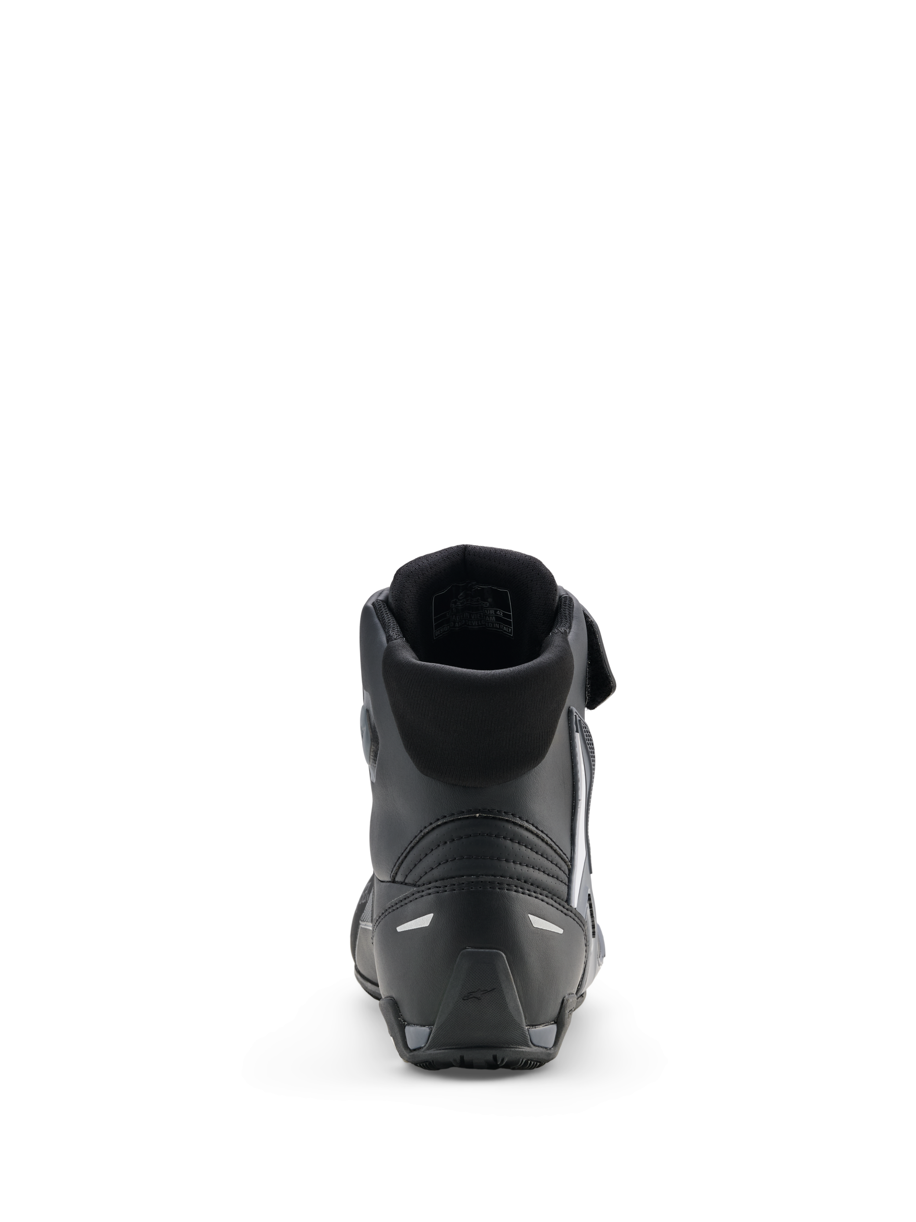 Sapatos Alpinestars Faster-4 Drystar®, sapatos de motociclismo, preto, cinzento cool e branco, vista traseira a mostrar o colarinho acolchoado, calcanhar reforçado com detalhes refletores e sola de borracha texturizada para desempenho desportivo