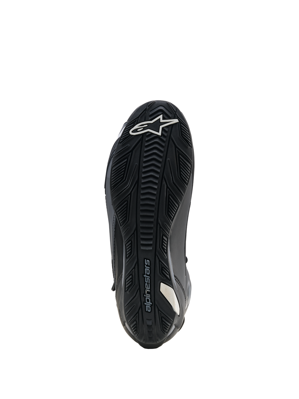 Sapatos Alpinestars Faster-4 Drystar, sapatos de motociclismo, pretos, vista da sola mostrando a sola exterior de borracha reforçada com aderência texturizada, logótipo de estrela branca na biqueira e marca Alpinestars, concebidos para estabilidade e aderência aos poisa-pés