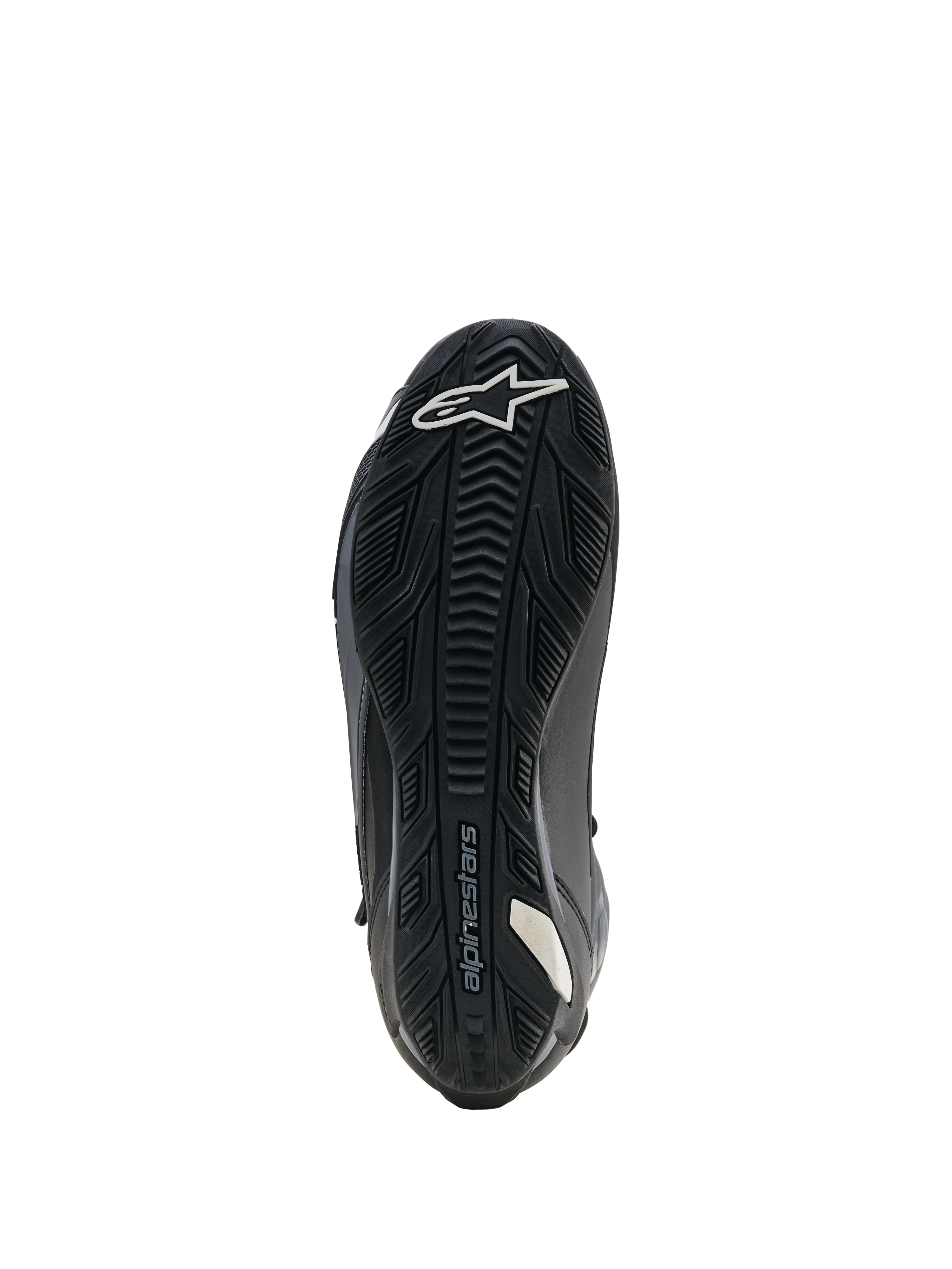 Sapatos Alpinestars Faster-4 Drystar, sapatos de motociclismo, pretos, vista da sola mostrando a sola exterior de borracha reforçada com aderência texturizada, logótipo de estrela branca na biqueira e marca Alpinestars, concebidos para estabilidade e aderência aos poisa-pés