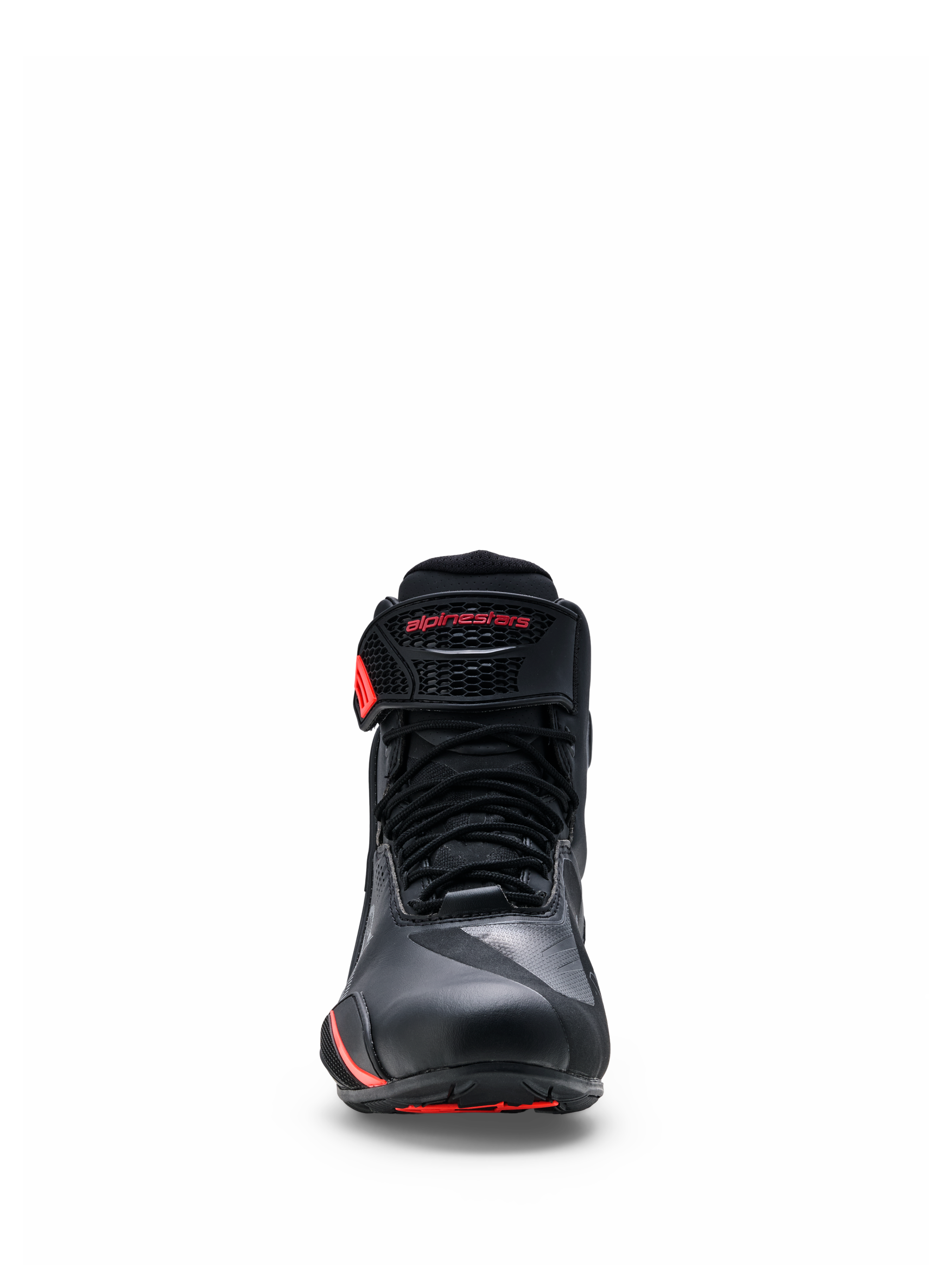 Alpinestars Faster-4 Drystar® Shoes, Black with Rio Red and Red Fluo accents, front view showing the lace-up closure and hook-and-loop ankle strap with red branding, waterproof motorcycle riding footwear with a reinforced toe and sporty design