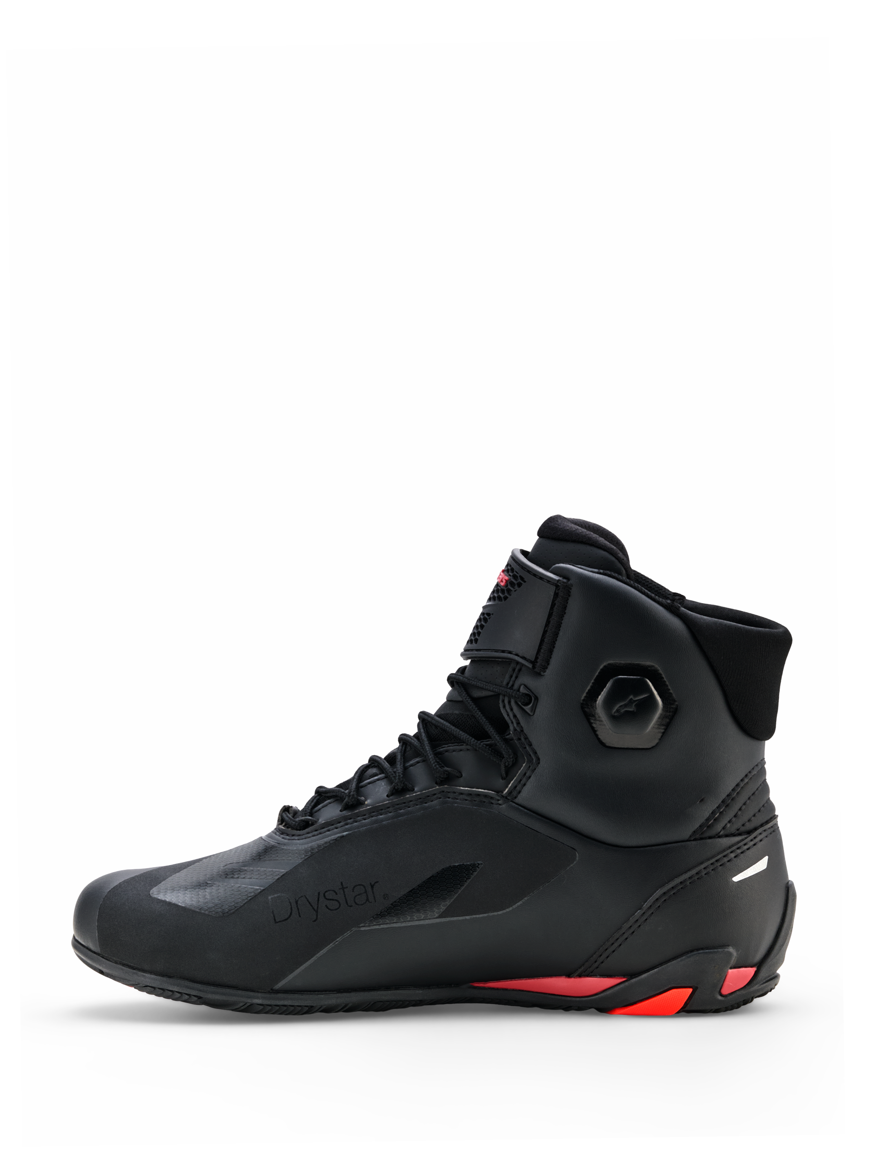 Alpinestars Faster-4 Drystar® Shoes, Motorcycle Riding Shoes, Black with Rio Red and Red Fluo accents, lateral side profile, featuring seamless microfiber construction, Drystar branding, and reinforced heel with red highlights