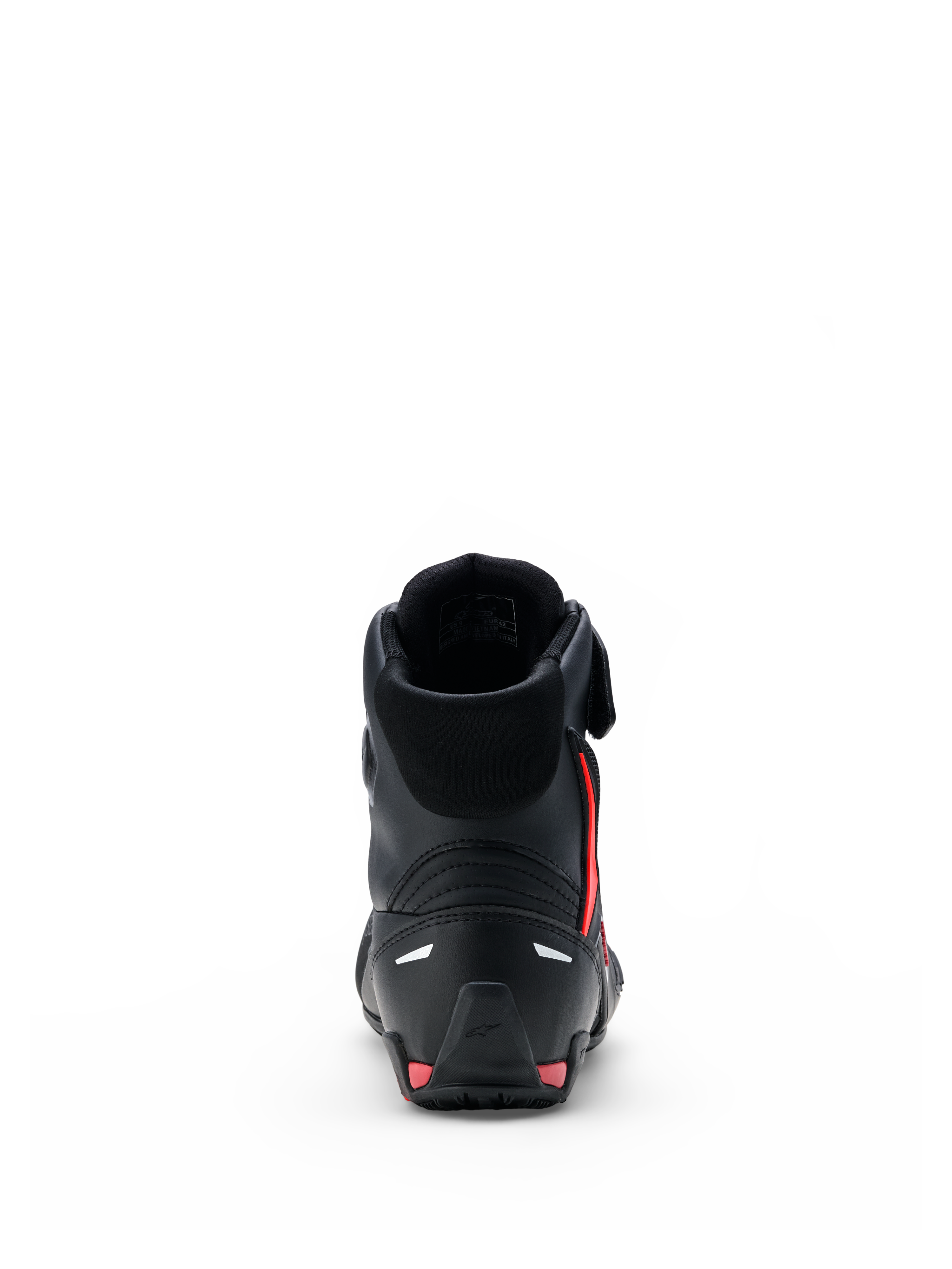 Alpinestars Faster-4 Drystar® Shoes, Motorcycle Riding Shoes, Black with Rio Red and Red Fluo accents, rear view showing reinforced heel counter, high-top design, and seamless microfiber construction.