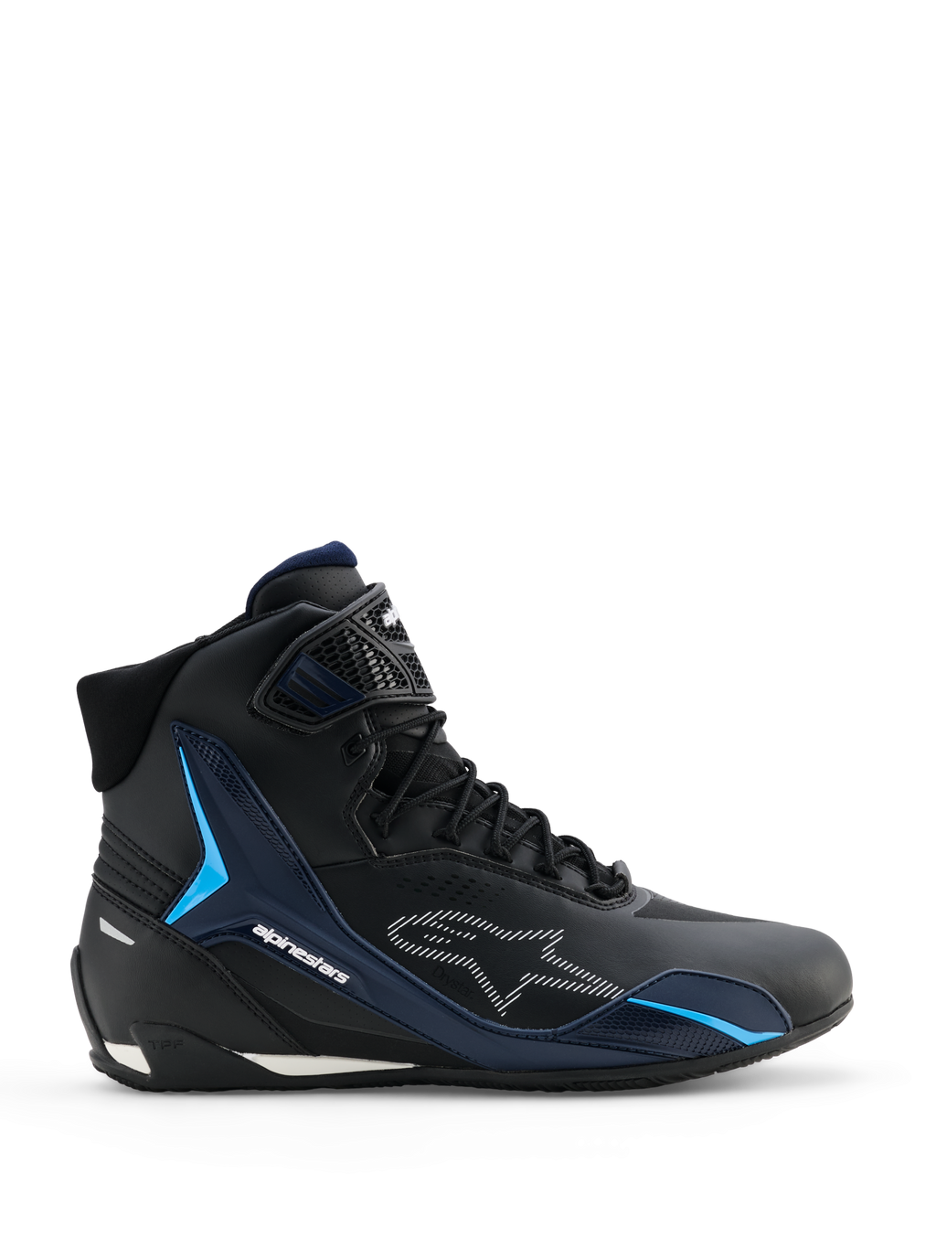 Alpinestars Faster-4 Drystar Shoes, Motorcycle Riding Shoes, Black Night Navy Cyan, lateral view showing high-top sneaker design, cyan TPU support panels, white dashed Alpinestars logo, and lace closure with a textured ankle strap.
