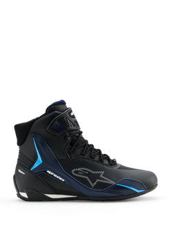 Alpinestars Faster-4 Drystar Shoes, Motorcycle Riding Shoes, Black Night Navy Cyan, lateral view showing high-top sneaker design, cyan TPU support panels, white dashed Alpinestars logo, and lace closure with a textured ankle strap.