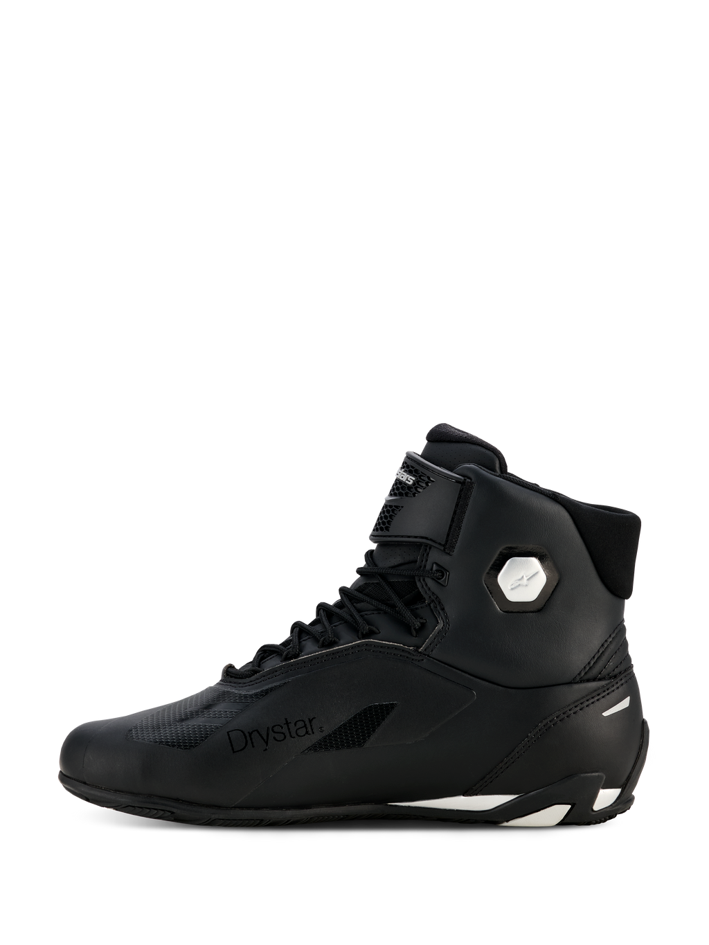 Sapatos Alpinestars Stella Faster-4 Drystar® para Mulher, preto e prateado, vista de perfil lateral, sapatos de motociclismo impermeáveis com parte superior em microfibra, fecho de atacadores e tira de gancho e laço, com marca Drystar e logótipo prateado no tornozelo