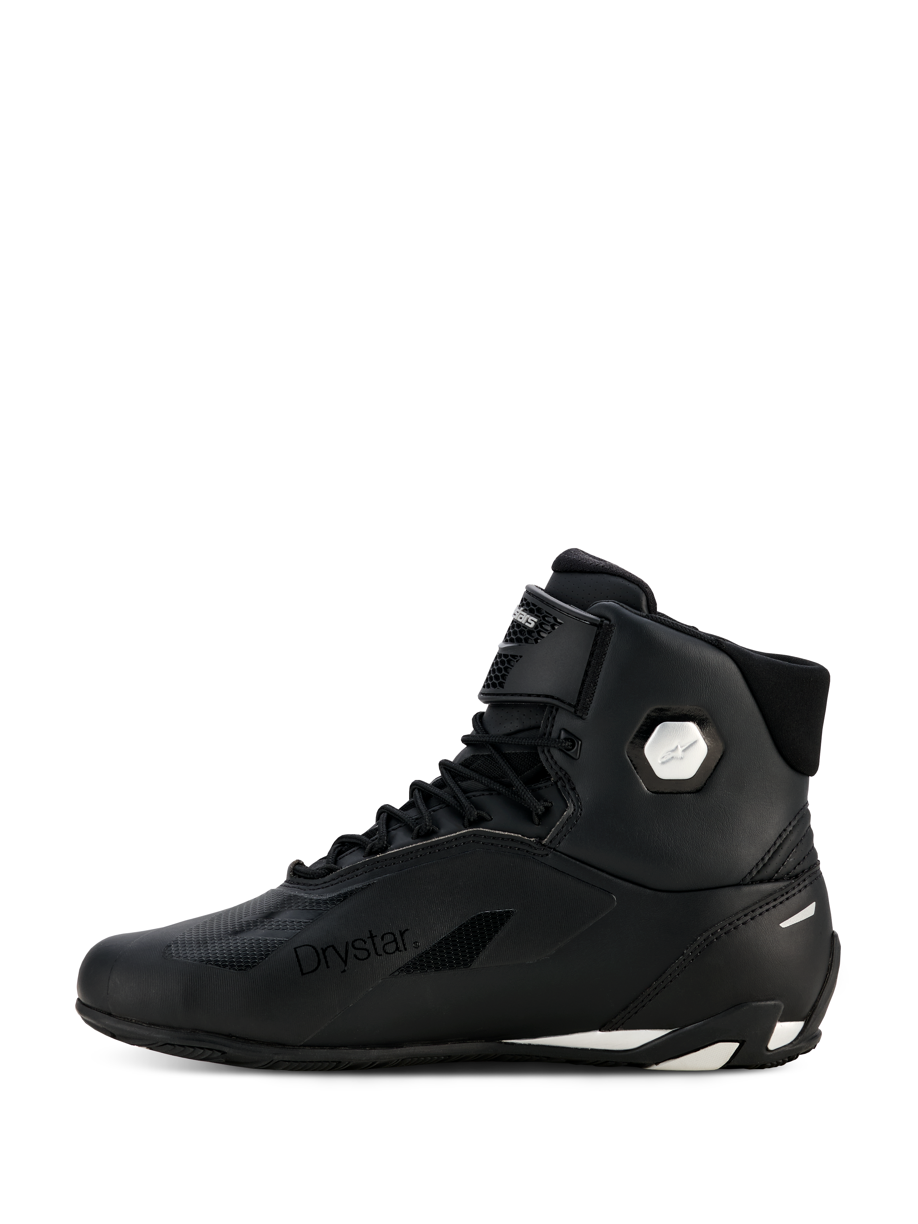 Sapatos Alpinestars Stella Faster-4 Drystar® para Mulher, preto e prateado, vista de perfil lateral, sapatos de motociclismo impermeáveis com parte superior em microfibra, fecho de atacadores e tira de gancho e laço, com marca Drystar e logótipo prateado no tornozelo