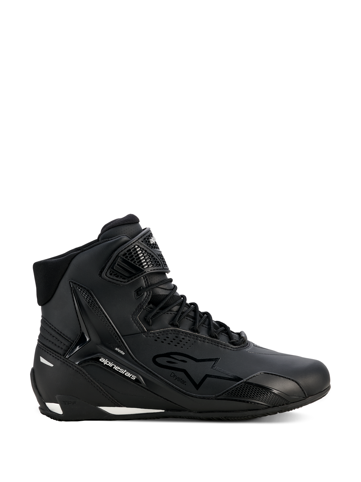 Alpinestars Stella Faster-4 Drystar Shoes, Women's Motorcycle Riding Shoes, Black and Silver, High-top design, Lace-up closure with hook-and-loop ankle strap, Seamless microfiber upper, Waterproof technology, White accents on the sole and heel