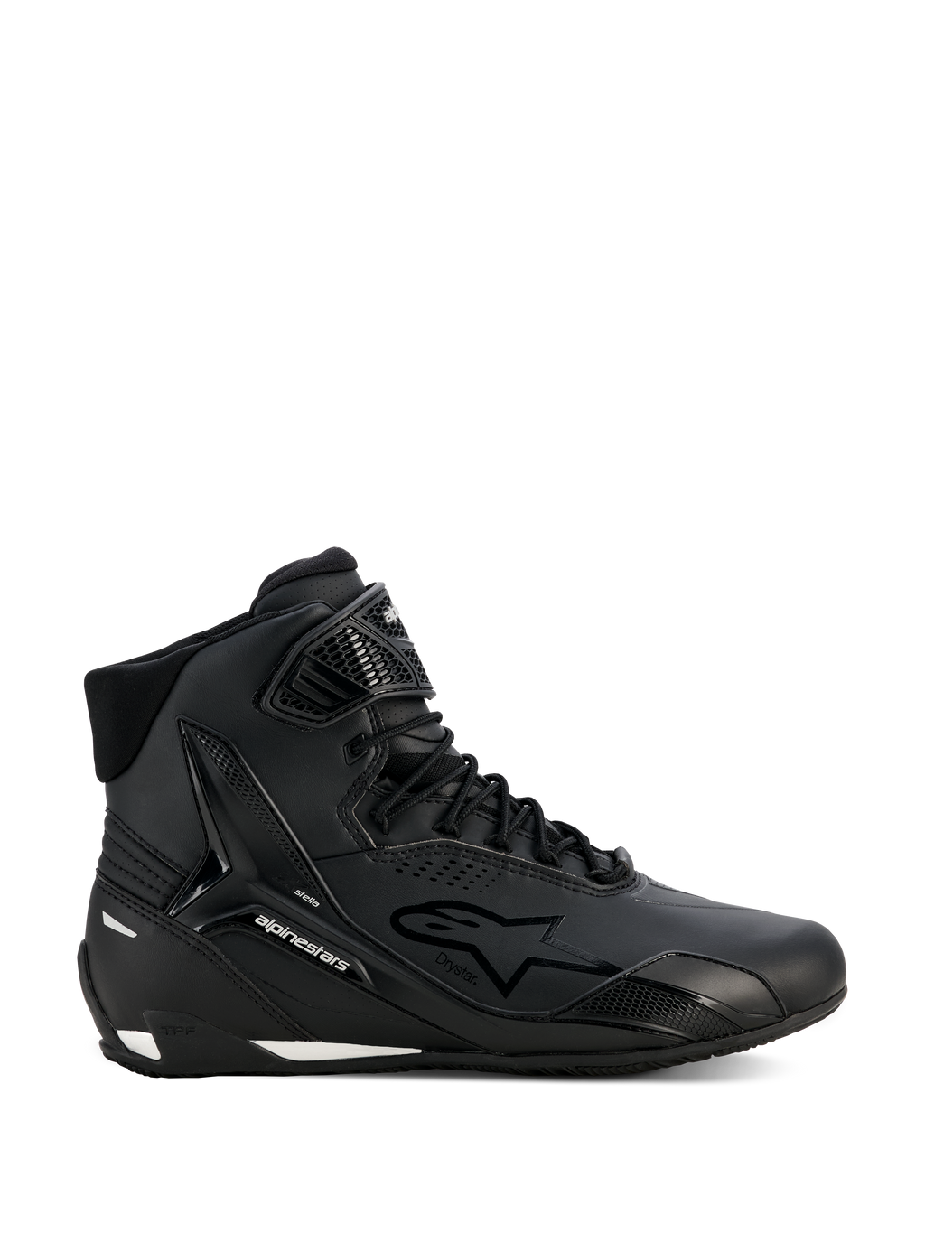 Alpinestars Stella Faster-4 Drystar, sapatos de motociclismo para mulher, pretos e prateados, design de cano alto, fecho de atacadores com tira de gancho e laço no tornozelo, parte superior em microfibra sem costuras, tecnologia impermeável, detalhes brancos na sola e no calcanhar