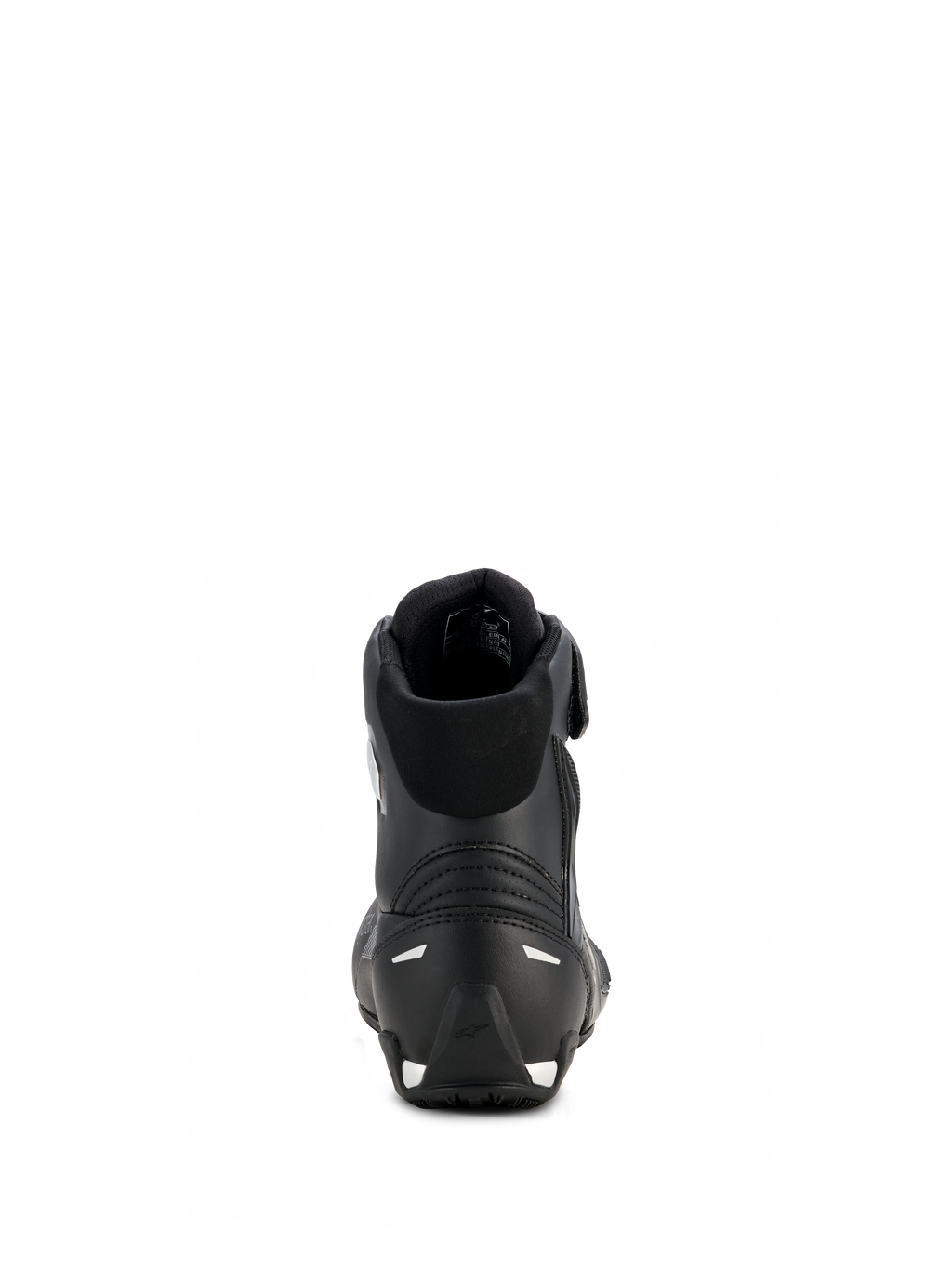 Alpinestars Sapatos Stella Faster-4 Drystar® para Mulher, preto e prateado, vista traseira com calcanhar reforçado e detalhes prateados, colarinho acolchoado e design em microfibra impermeável