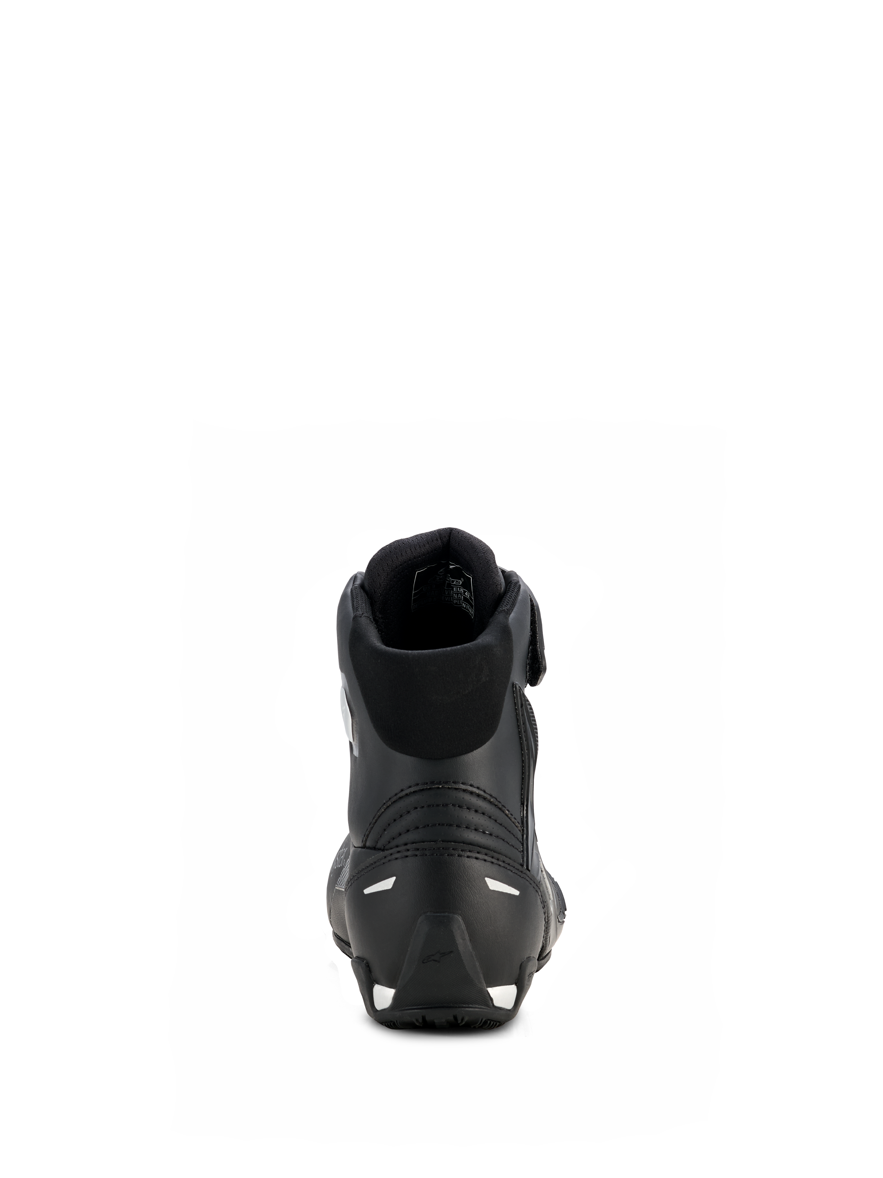 Alpinestars Sapatos Stella Faster-4 Drystar® para Mulher, preto e prateado, vista traseira com calcanhar reforçado e detalhes prateados, colarinho acolchoado e design em microfibra impermeável