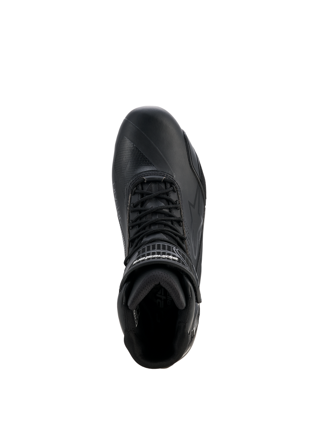 Sapatos Alpinestars Stella Faster-4 Drystar® para Mulher, sapatos de motociclismo, preto e prateado, vista superior mostrando o fecho de atacadores, tira de velcro no tornozelo e construção em microfibra impermeável