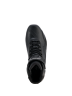 Sapatos Alpinestars Stella Faster-4 Drystar® para Mulher, sapatos de motociclismo, preto e prateado, vista superior mostrando o fecho de atacadores, tira de velcro no tornozelo e construção em microfibra impermeável