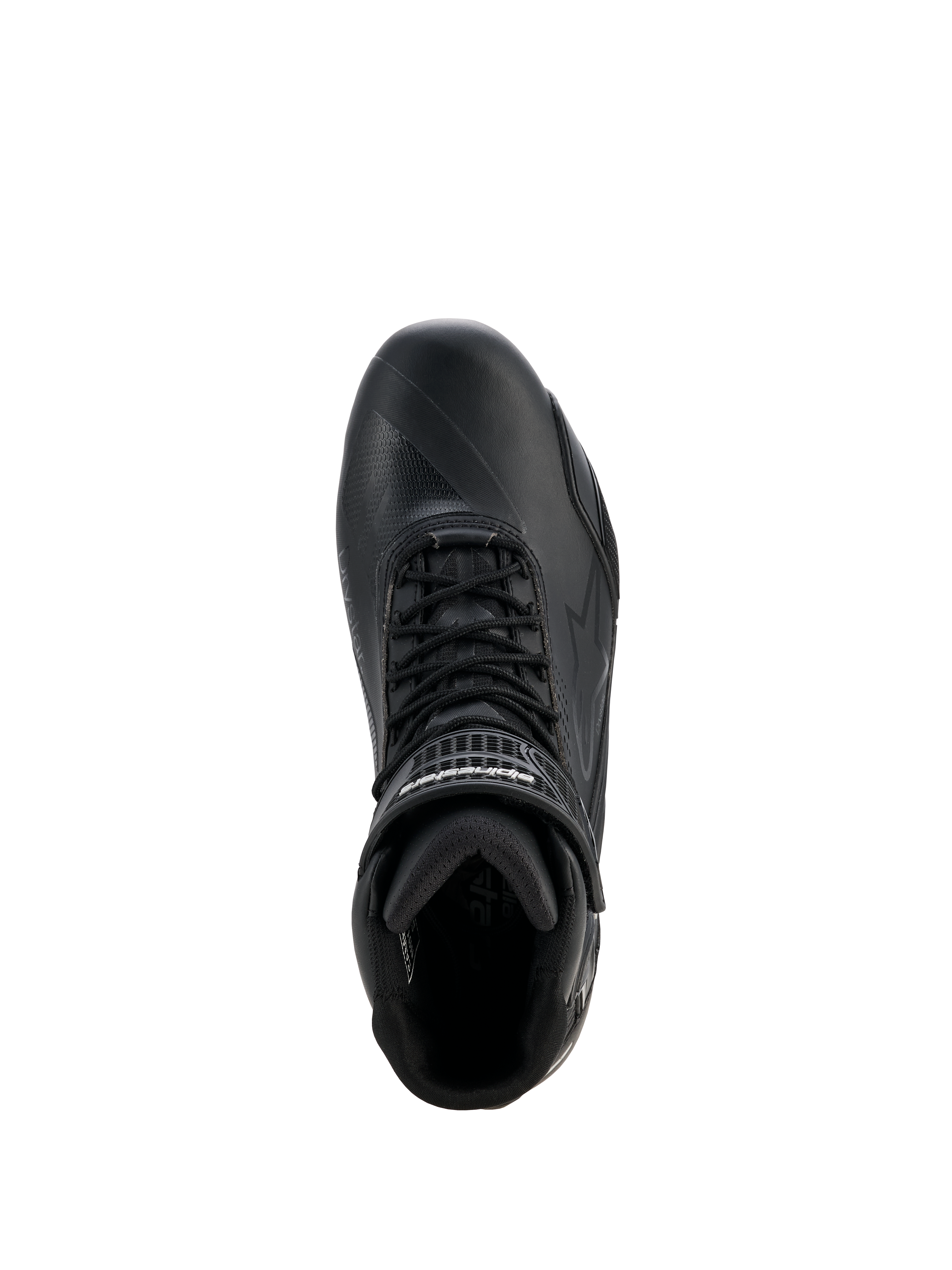 Sapatos Alpinestars Stella Faster-4 Drystar® para Mulher, sapatos de motociclismo, preto e prateado, vista superior mostrando o fecho de atacadores, tira de velcro no tornozelo e construção em microfibra impermeável