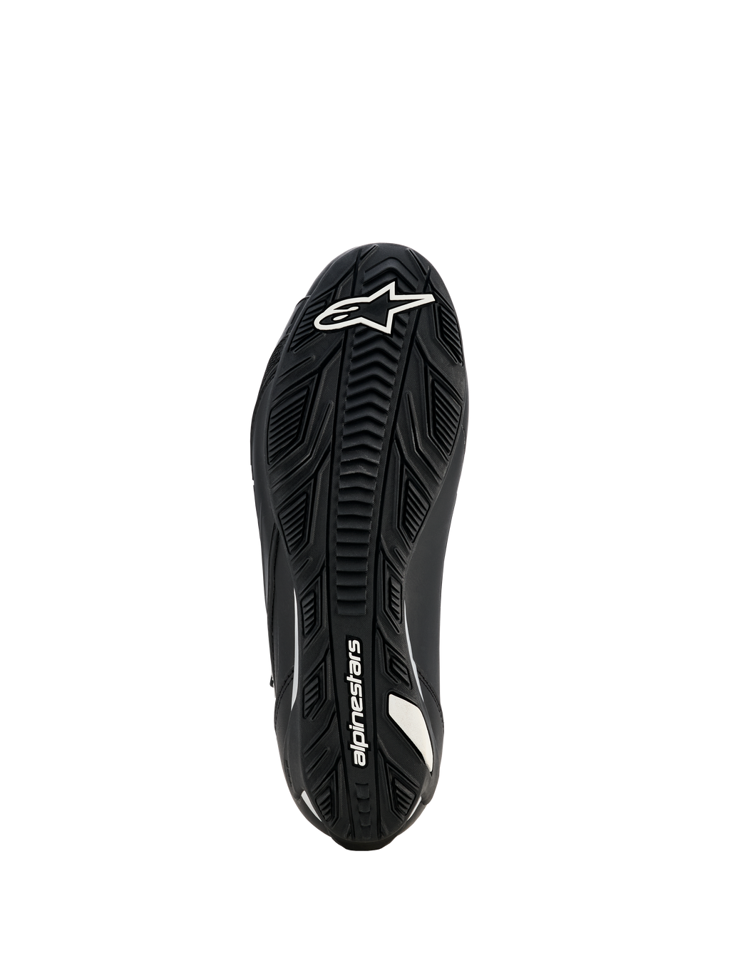 Sapatos Alpinestars Stella Faster-4 Drystar para Mulher, sapatos de motociclismo, pretos, vista da sola mostrando a sola de borracha texturizada com o logótipo e a marca Alpinestars em branco, concebida para aderência e durabilidade superiores.