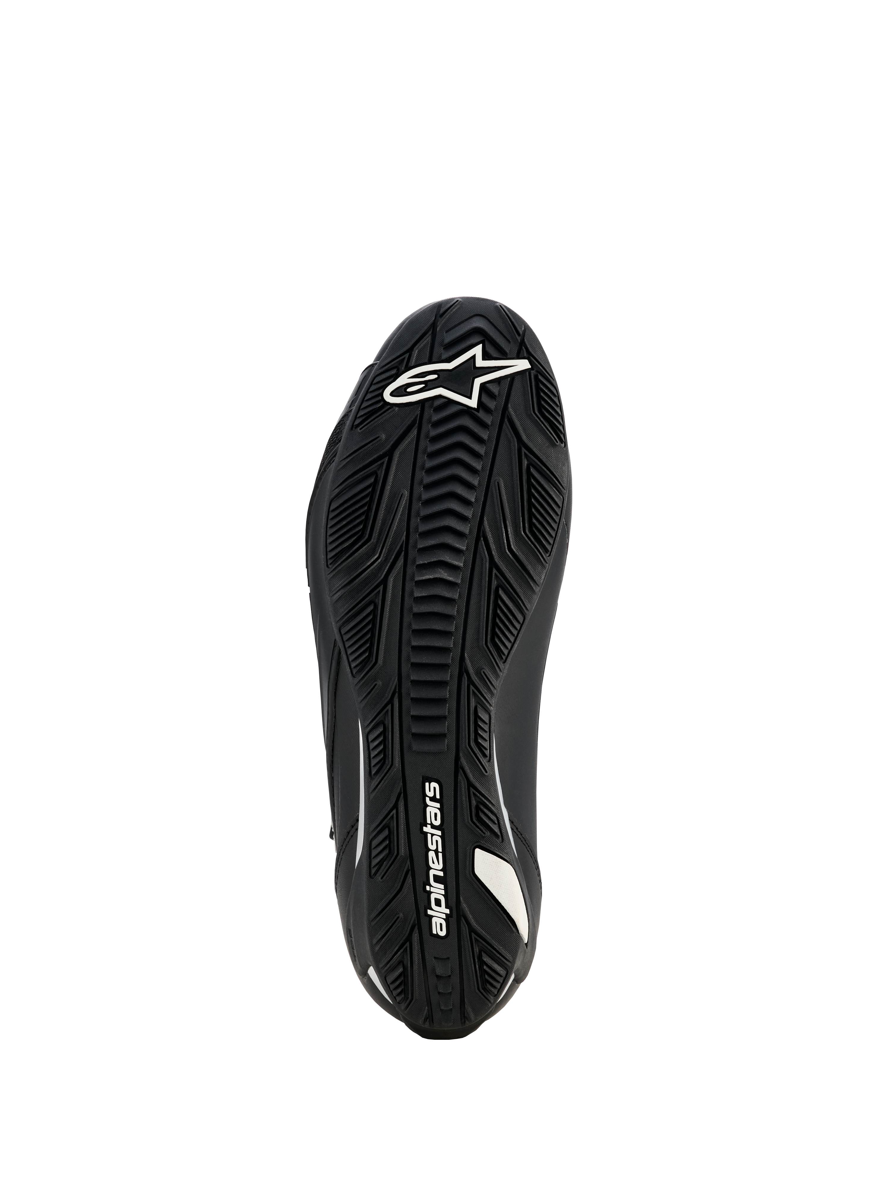 Sapatos Alpinestars Stella Faster-4 Drystar para Mulher, sapatos de motociclismo, pretos, vista da sola mostrando a sola de borracha texturizada com o logótipo e a marca Alpinestars em branco, concebida para aderência e durabilidade superiores.