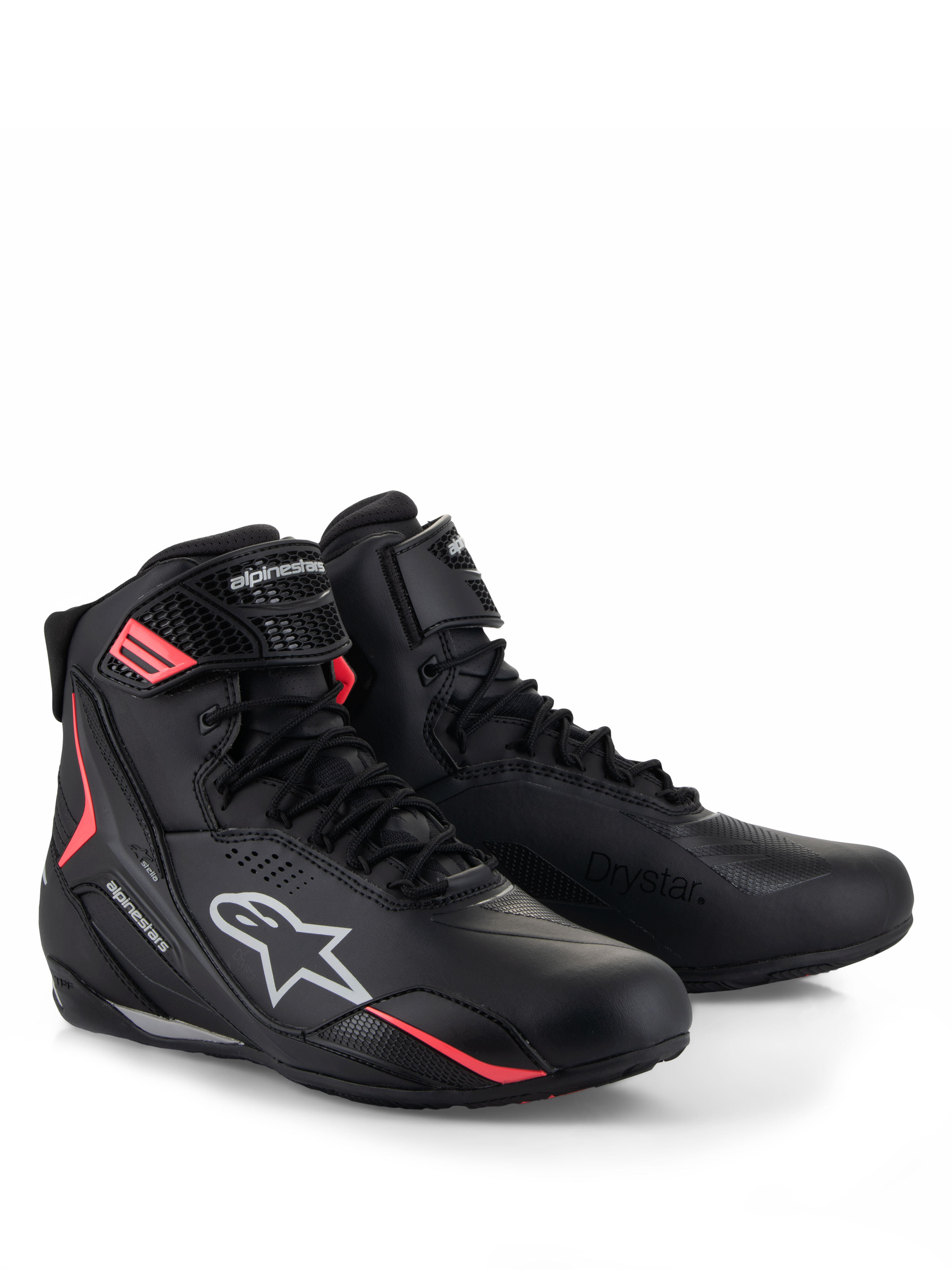 Sapatos Alpinestars Stella Faster-4 Drystar®, sapatos de motociclismo para mulher, pretos, cinzentos e coral fluo, com tecnologia Drystar® impermeável, fecho de atacadores com tira de velcro segura, e detalhes em coral vibrante com logótipo Alpinestars em branco