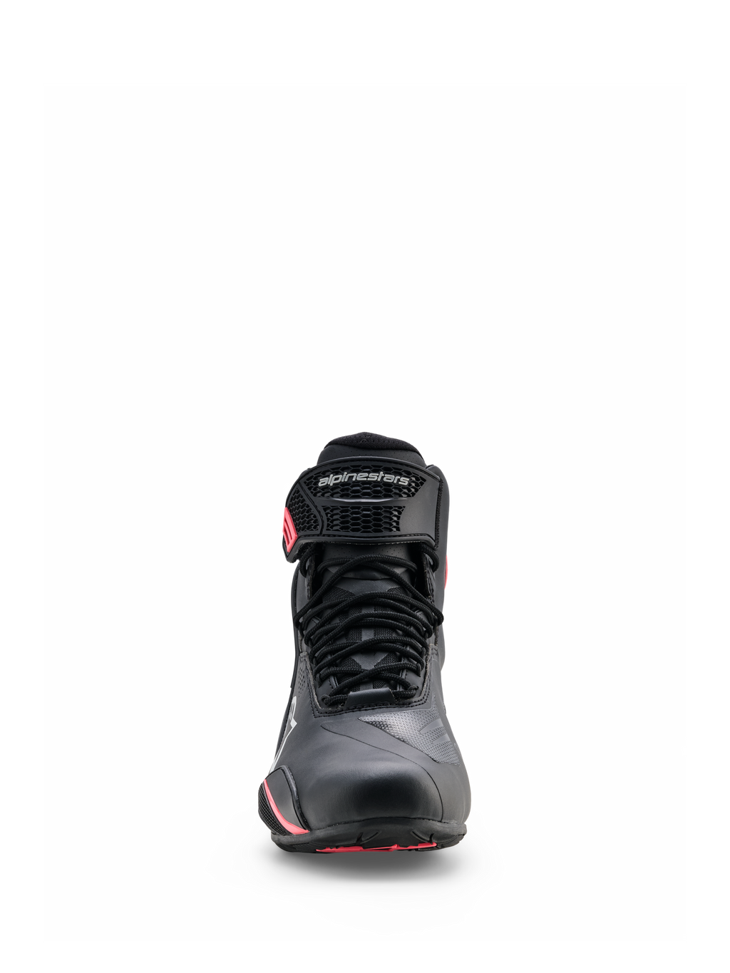 Sapatos Alpinestars Stella Faster-4 Drystar®, sapatos de motociclismo para mulher, preto, cinzento e coral fluo, vista frontal com fecho de atacadores, tira protetora no tornozelo com logótipo e detalhes em coral