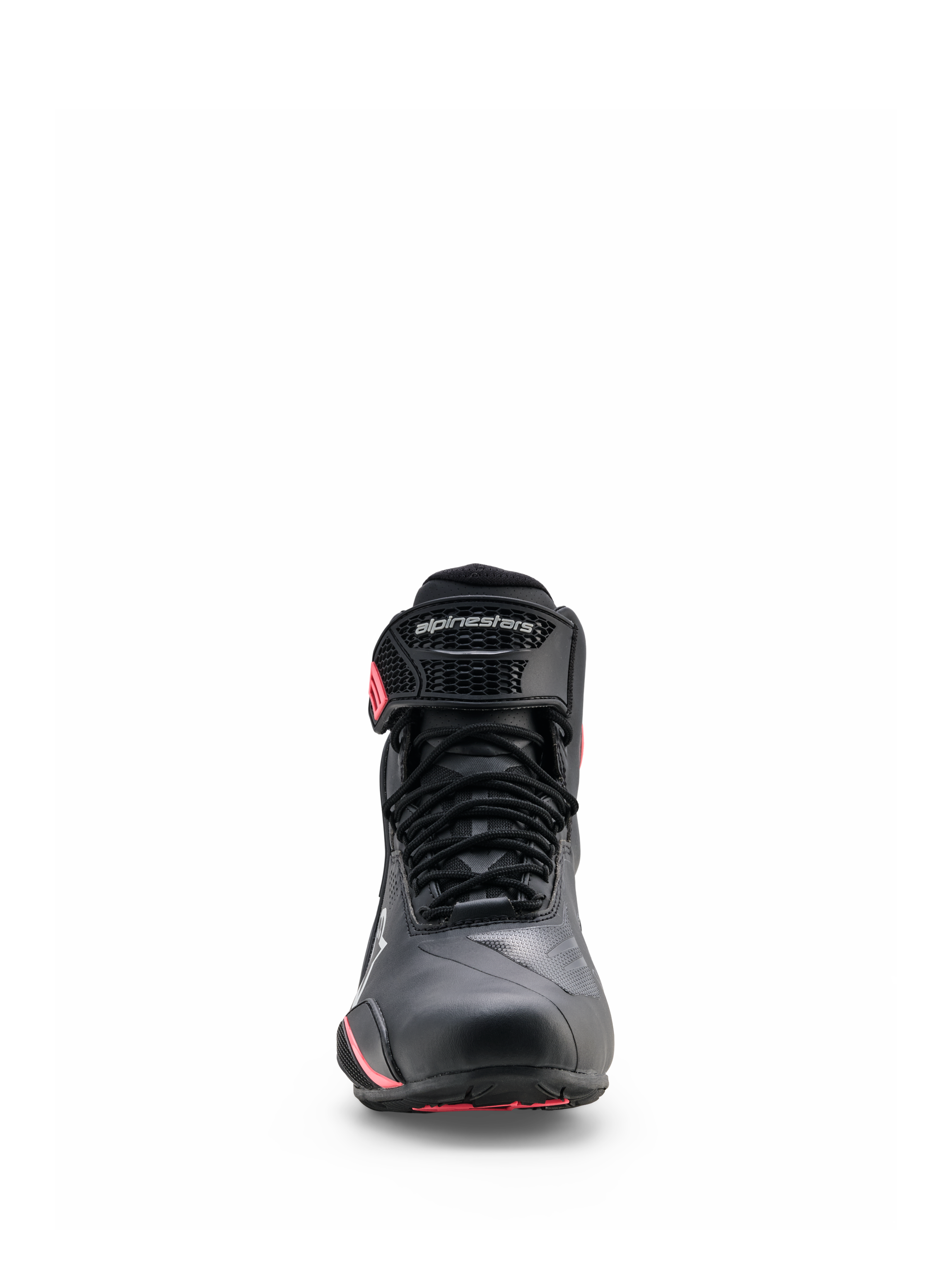 Sapatos Alpinestars Stella Faster-4 Drystar®, sapatos de motociclismo para mulher, preto, cinzento e coral fluo, vista frontal com fecho de atacadores, tira protetora no tornozelo com logótipo e detalhes em coral