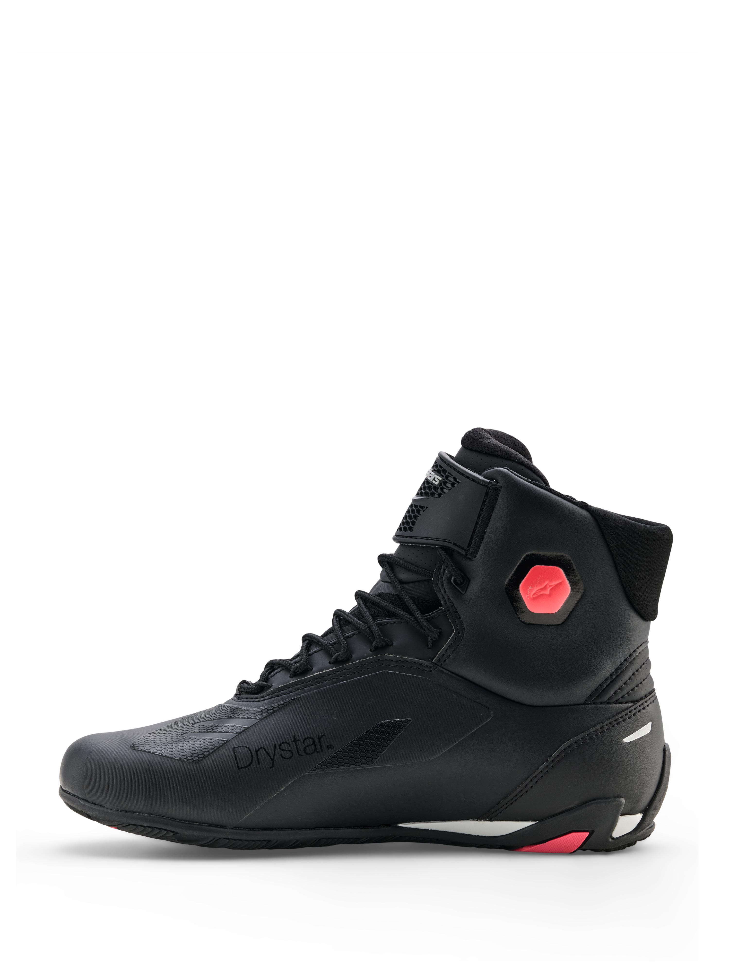 Sapatos Alpinestars Stella Faster-4 Drystar®, sapatos de motociclismo para mulher, pretos e Coral Fluo, vista de perfil lateral mostrando a parte superior em microfibra sem costuras, fecho de atacadores e detalhe de proteção do tornozelo em coral