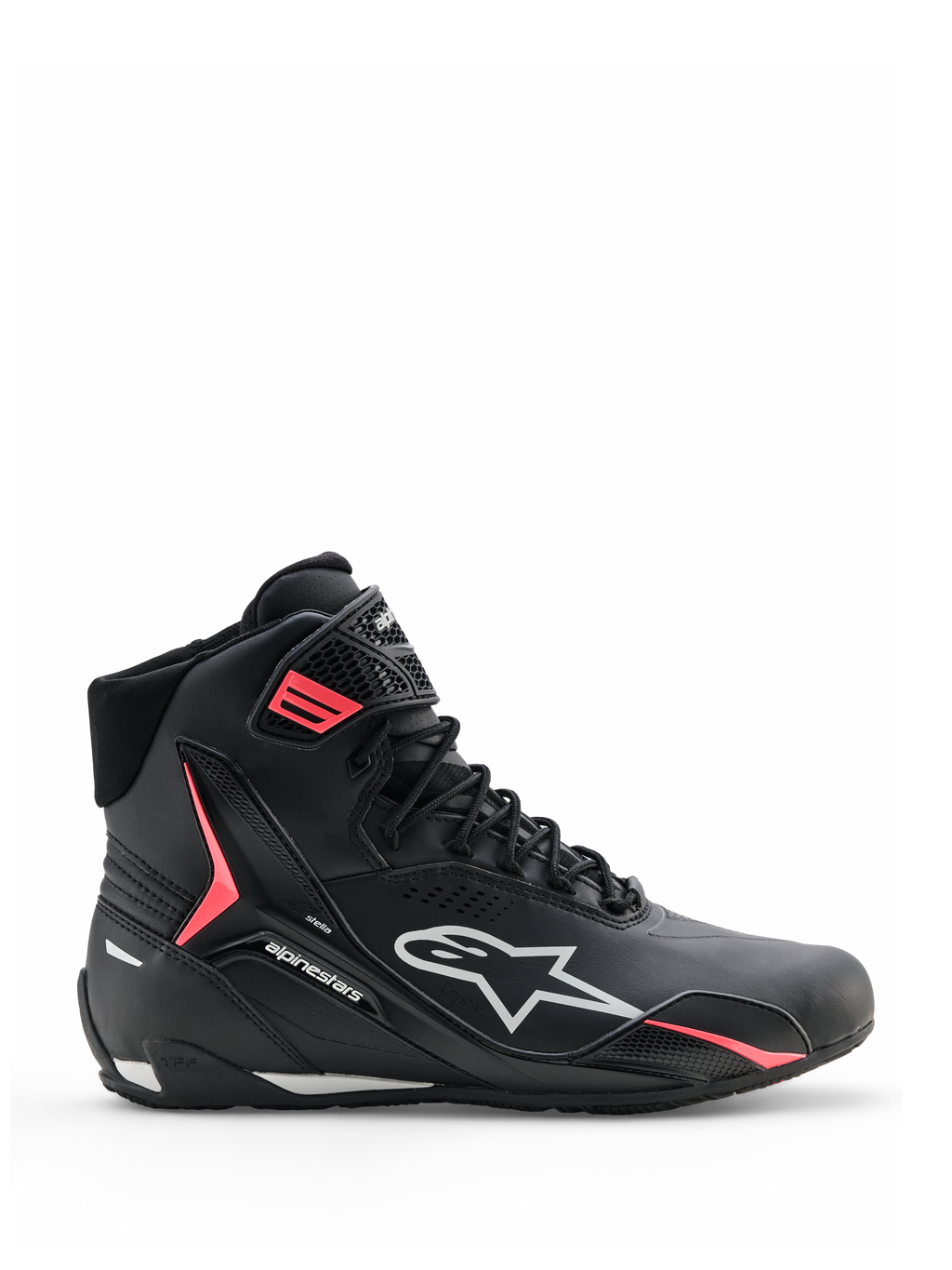 Alpinestars Stella Faster-4 Drystar, sapatos de motociclismo para mulher, pretos com detalhes em cinzento e coral fluo, design de cano alto com marca lateral e tira de velcro, microfibra impermeável para condução desportiva