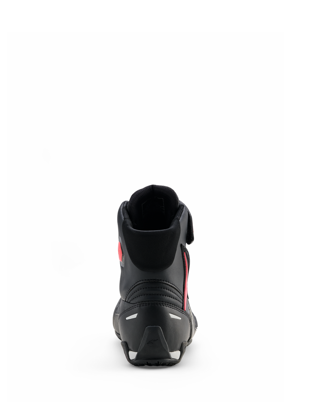 Alpinestars Stella Faster-4 Drystar® Shoes, Preto Cinzento Coral Fluo, vista traseira mostrando o suporte de calcanhar e detalhes refletores, sapatos de motociclismo impermeáveis com design de inspiração desportiva para mulher