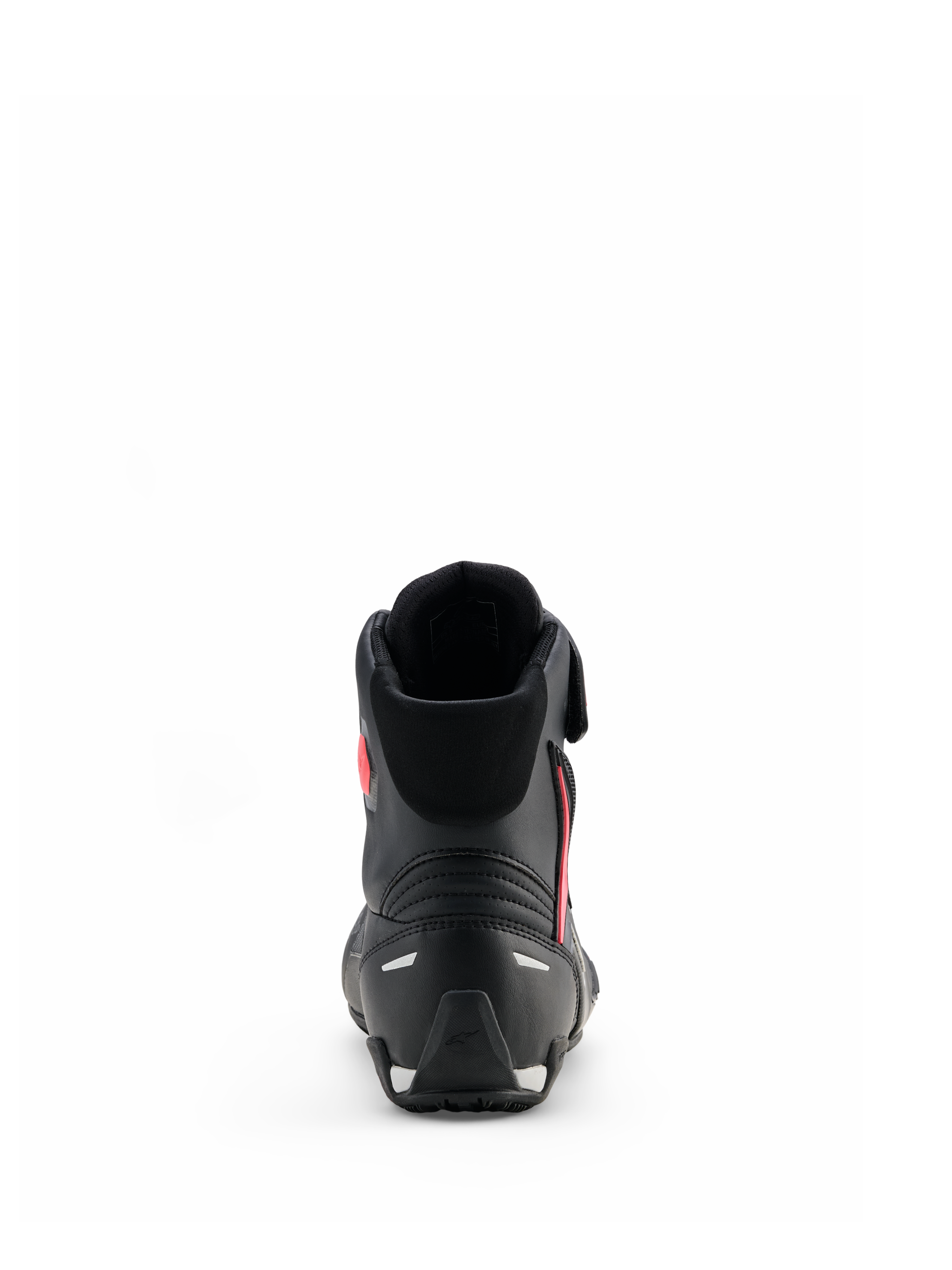 Alpinestars Stella Faster-4 Drystar® Shoes, Preto Cinzento Coral Fluo, vista traseira mostrando o suporte de calcanhar e detalhes refletores, sapatos de motociclismo impermeáveis com design de inspiração desportiva para mulher