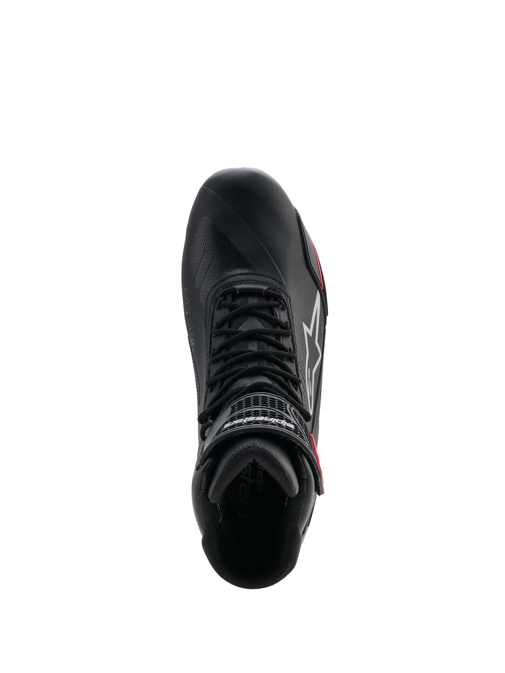 Sapatos Alpinestars Stella Faster-4 Drystar® para Mulher, sapatos de motociclismo, pretos, cinzentos e coral néon, vista superior que mostra o sistema de atacadores e a tira de velcro no tornozelo, design elegante em microfibra com tecnologia impermeável Drystar®
