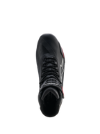 Sapatos Alpinestars Stella Faster-4 Drystar® para Mulher, sapatos de motociclismo, pretos, cinzentos e coral néon, vista superior que mostra o sistema de atacadores e a tira de velcro no tornozelo, design elegante em microfibra com tecnologia impermeável Drystar®