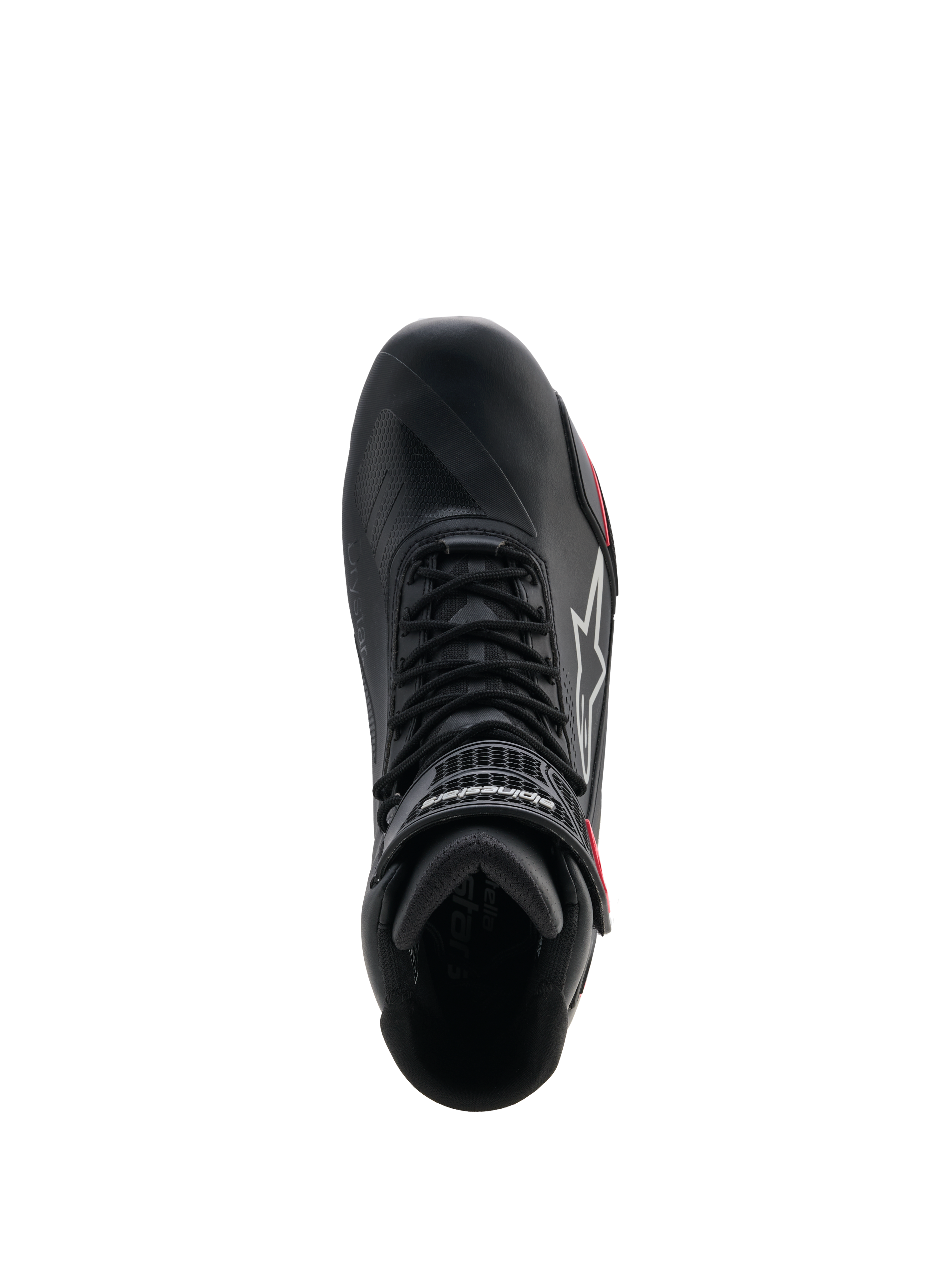 Sapatos Alpinestars Stella Faster-4 Drystar® para Mulher, sapatos de motociclismo, pretos, cinzentos e coral néon, vista superior que mostra o sistema de atacadores e a tira de velcro no tornozelo, design elegante em microfibra com tecnologia impermeável Drystar®