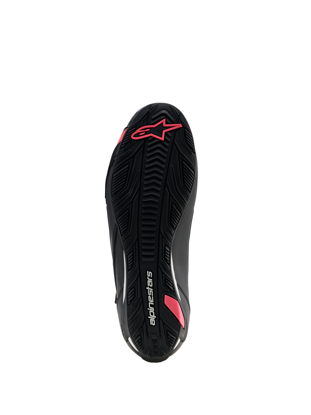 Alpinestars Stella Faster-4 Drystar® Shoes, sapatos de motociclismo para mulher, preto e coral fluo, vista inferior da sola de borracha texturizada com padrão de aderência, logótipo Astars e marca Alpinestars.