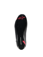 Alpinestars Stella Faster-4 Drystar® Shoes, sapatos de motociclismo para mulher, preto e coral fluo, vista inferior da sola de borracha texturizada com padrão de aderência, logótipo Astars e marca Alpinestars.