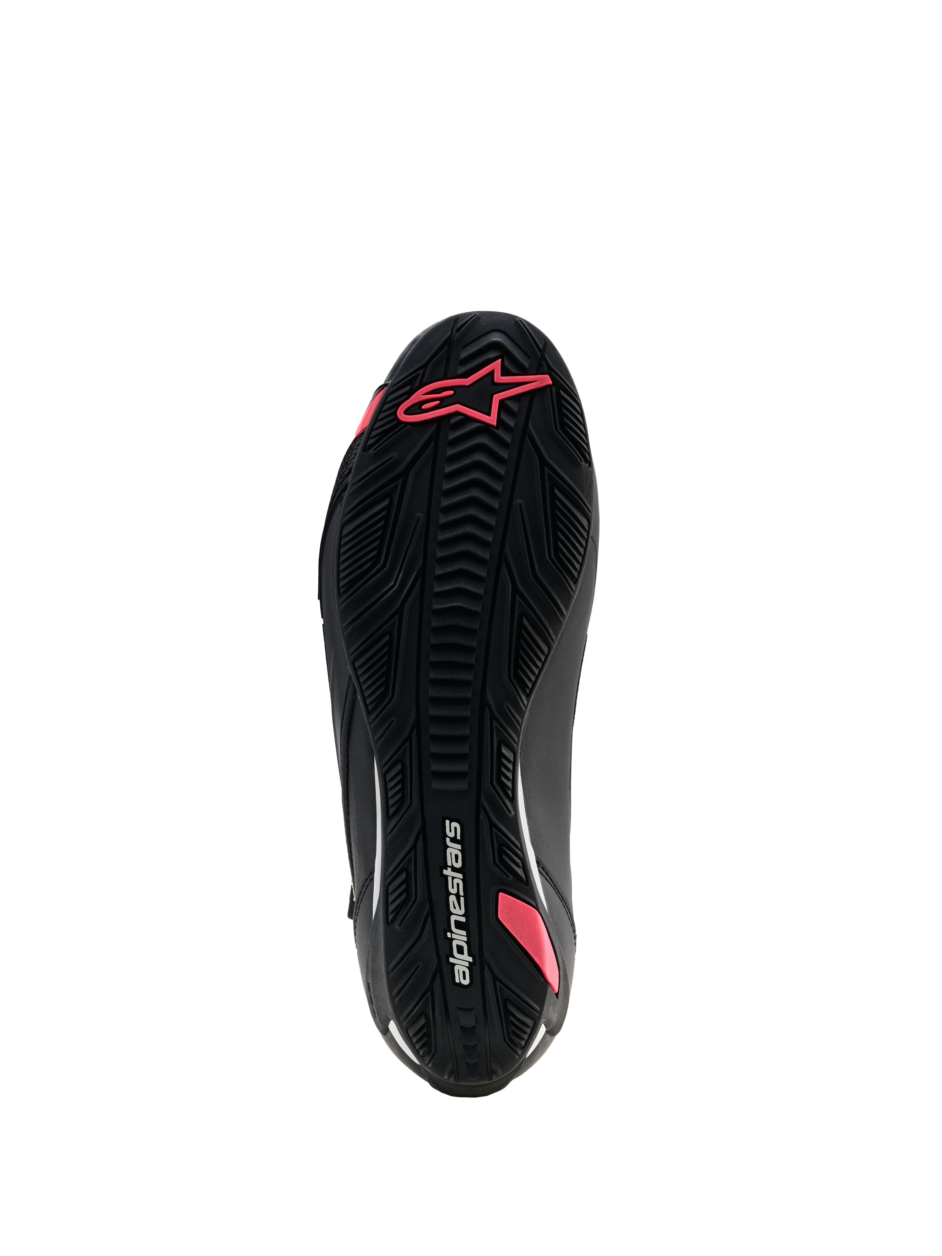 Alpinestars Stella Faster-4 Drystar® Shoes, sapatos de motociclismo para mulher, preto e coral fluo, vista inferior da sola de borracha texturizada com padrão de aderência, logótipo Astars e marca Alpinestars.