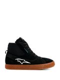 Alpinestars Stated Waterproof Shoes, sapatilhas altas de motociclismo pretas, construção em camurça e malha, logótipo Alpinestars branco, sola vulcanizada de borracha castanha salpicada, calçado urbano para motociclismo, design moderno inspirado no skate