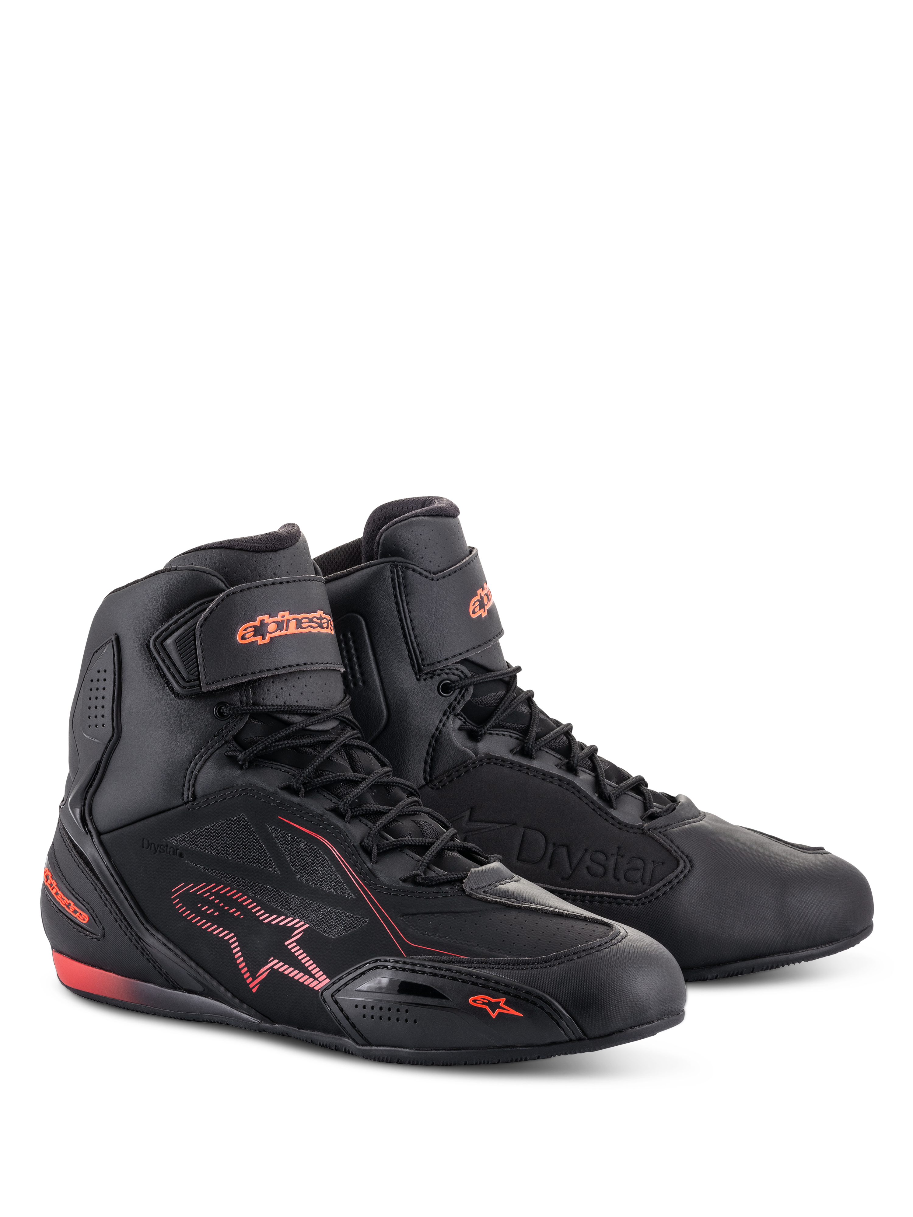 Sapatos Alpinestars Faster-3 Drystar®, sapatos de motociclismo, pretos e vermelho fluo, com perfil de cano alto, fecho de atacadores e tira no tornozelo, construção em microfibra com logótipo e detalhes em vermelho fluorescente.