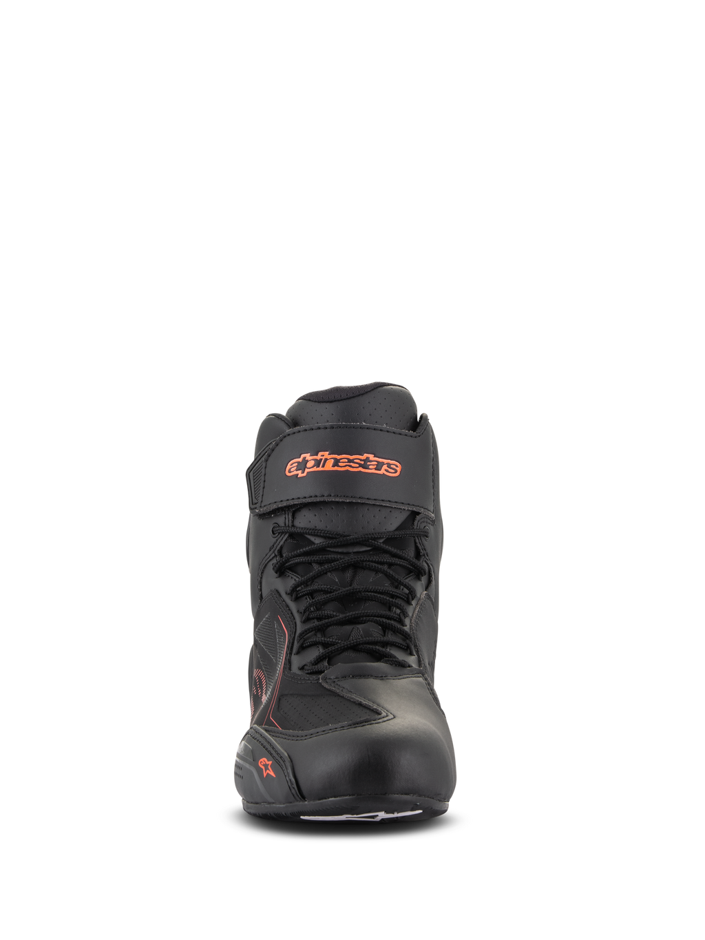 Sapatos Alpinestars Faster-3 Drystar®, Preto e Vermelho Fluo, vista frontal, sapato de motociclismo impermeável com chassi em microfibra, design com atacadores e tira de velcro no tornozelo, logótipo fluorescente