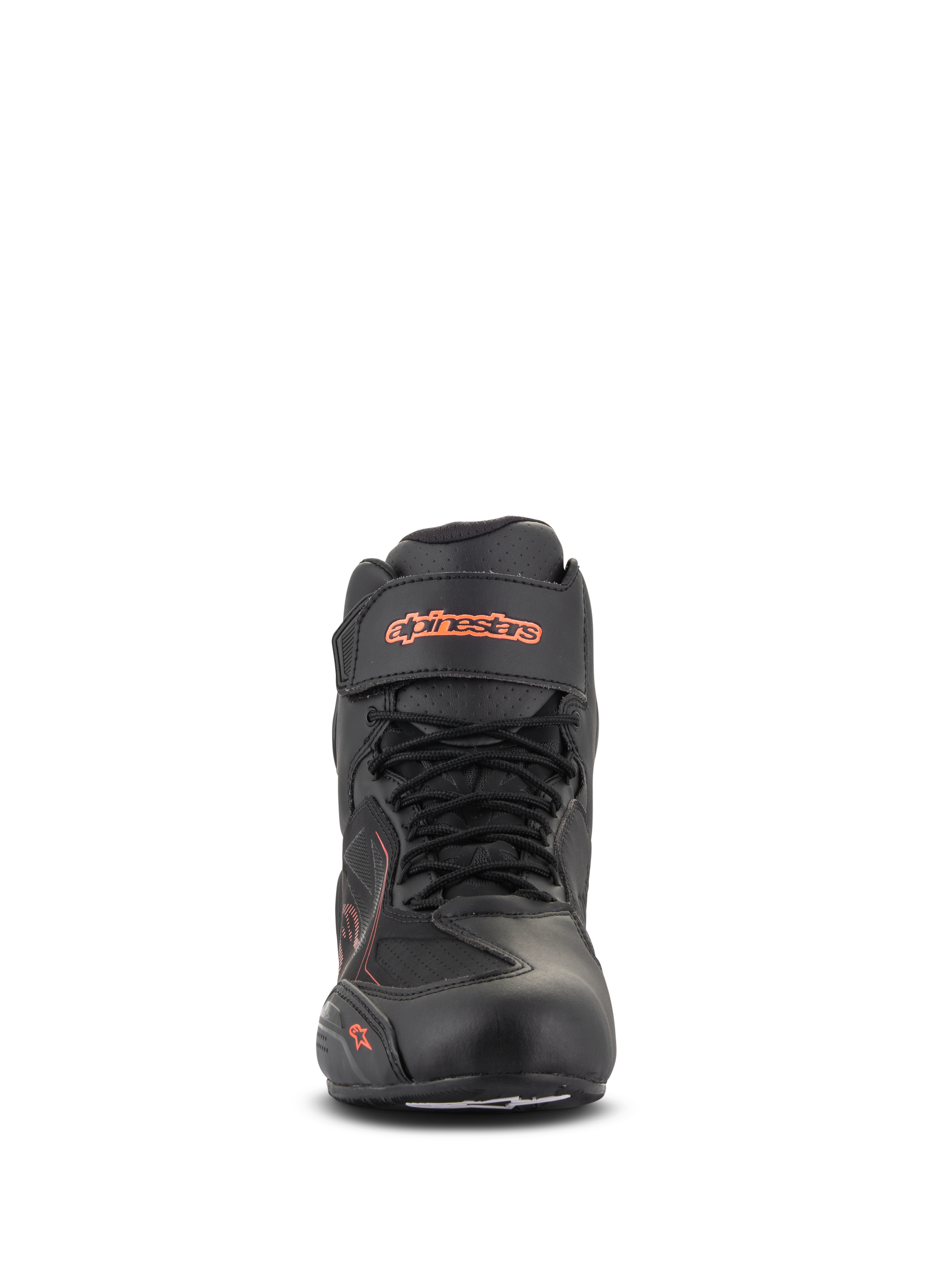Sapatos Alpinestars Faster-3 Drystar®, Preto e Vermelho Fluo, vista frontal, sapato de motociclismo impermeável com chassi em microfibra, design com atacadores e tira de velcro no tornozelo, logótipo fluorescente