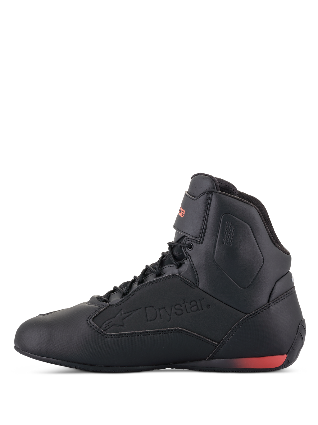 Sapatos Alpinestars Faster-3 Drystar®, sapatos de motociclismo, pretos e vermelho fluo, vista de perfil lateral com logótipo Drystar em relevo e detalhe no calcanhar em vermelho fluorescente, estrutura em microfibra para condução urbana e em estrada