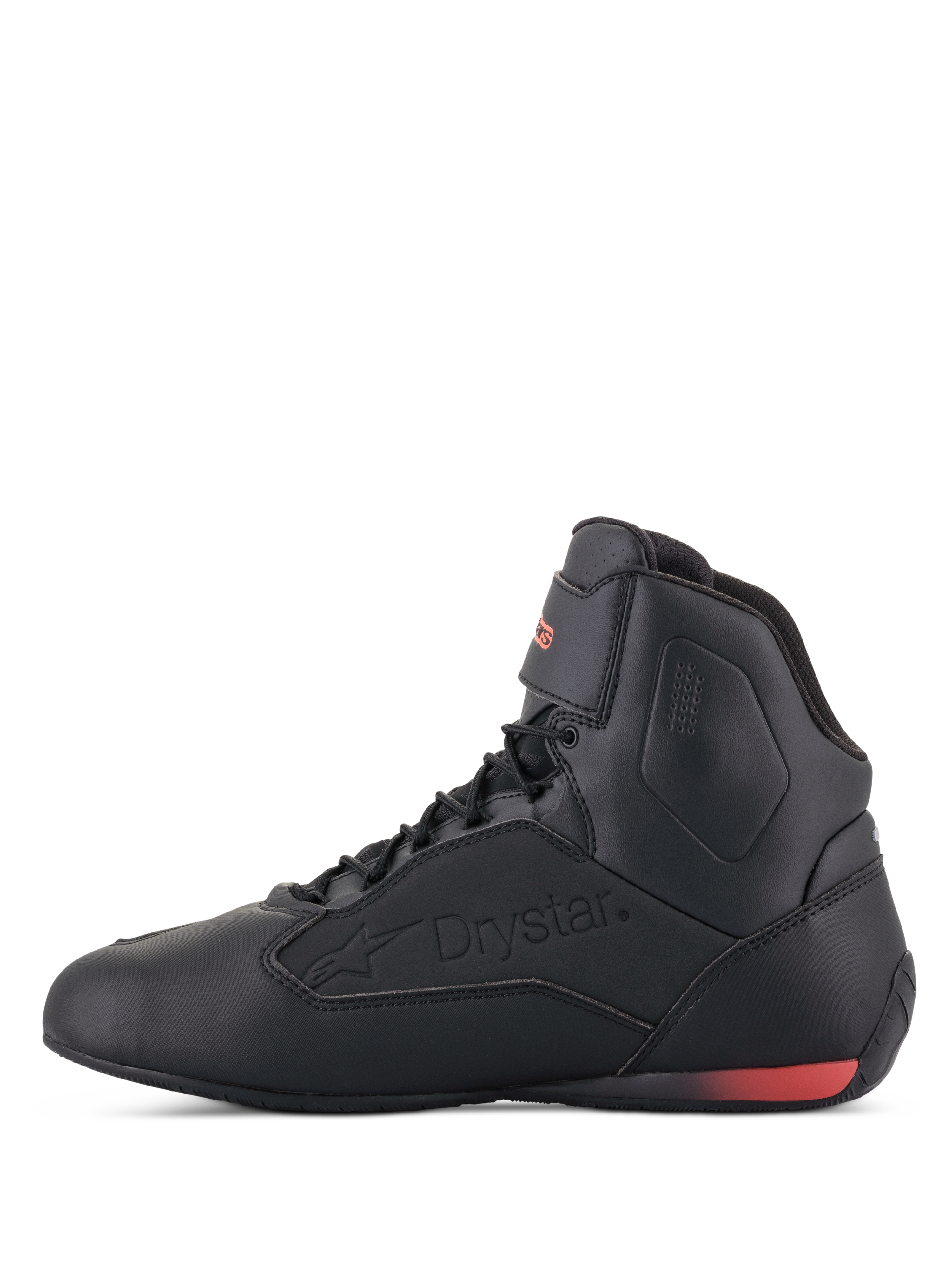 Sapatos Alpinestars Faster-3 Drystar®, sapatos de motociclismo, pretos e vermelho fluo, vista de perfil lateral com logótipo Drystar em relevo e detalhe no calcanhar em vermelho fluorescente, estrutura em microfibra para condução urbana e em estrada