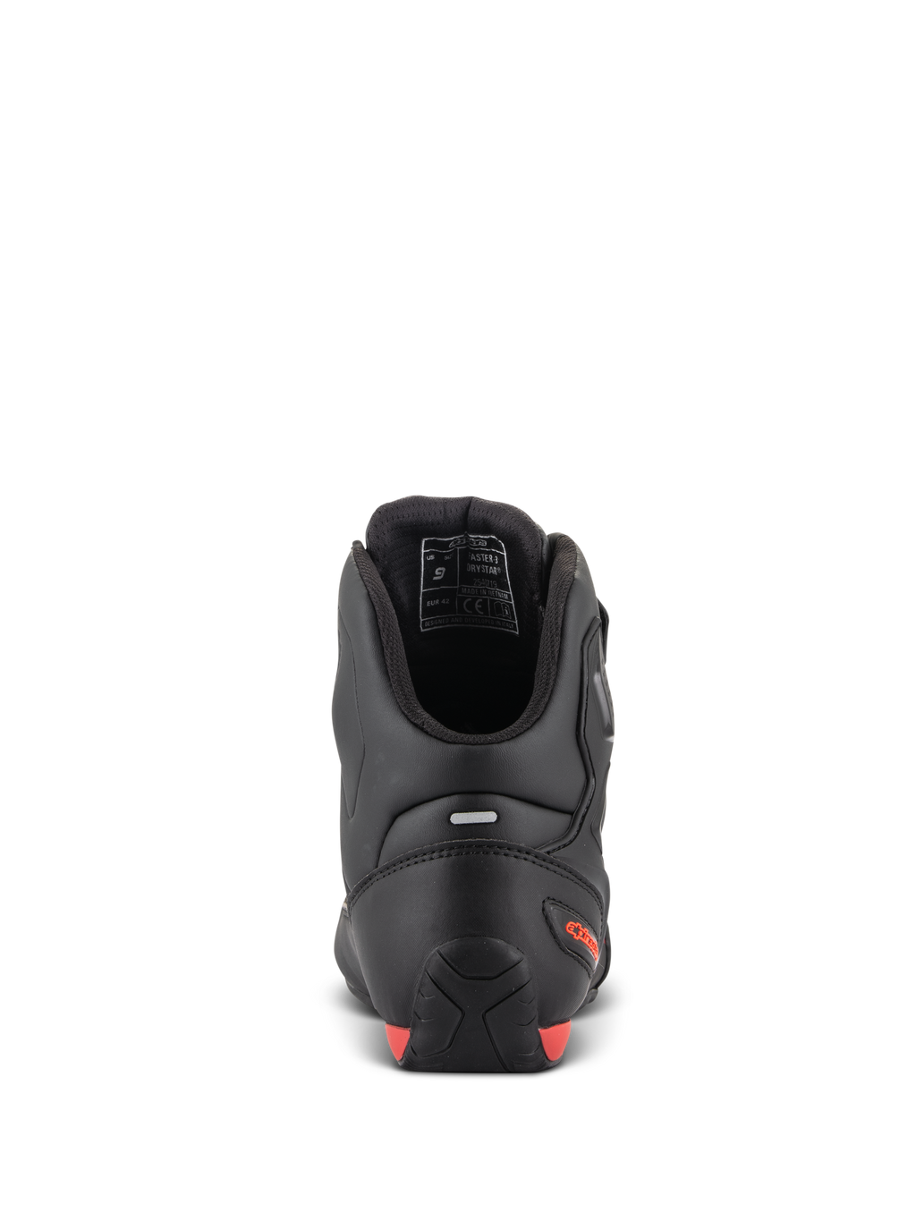 Sapatos Alpinestars Faster-3 Drystar®, sapatos de motociclismo, vista traseira mostrando o calcanhar e o tornozelo, microfibra preta com detalhes em vermelho fluo, tira refletora para visibilidade, calçado de proteção de inspiração desportiva para uso em estrada e urbano.