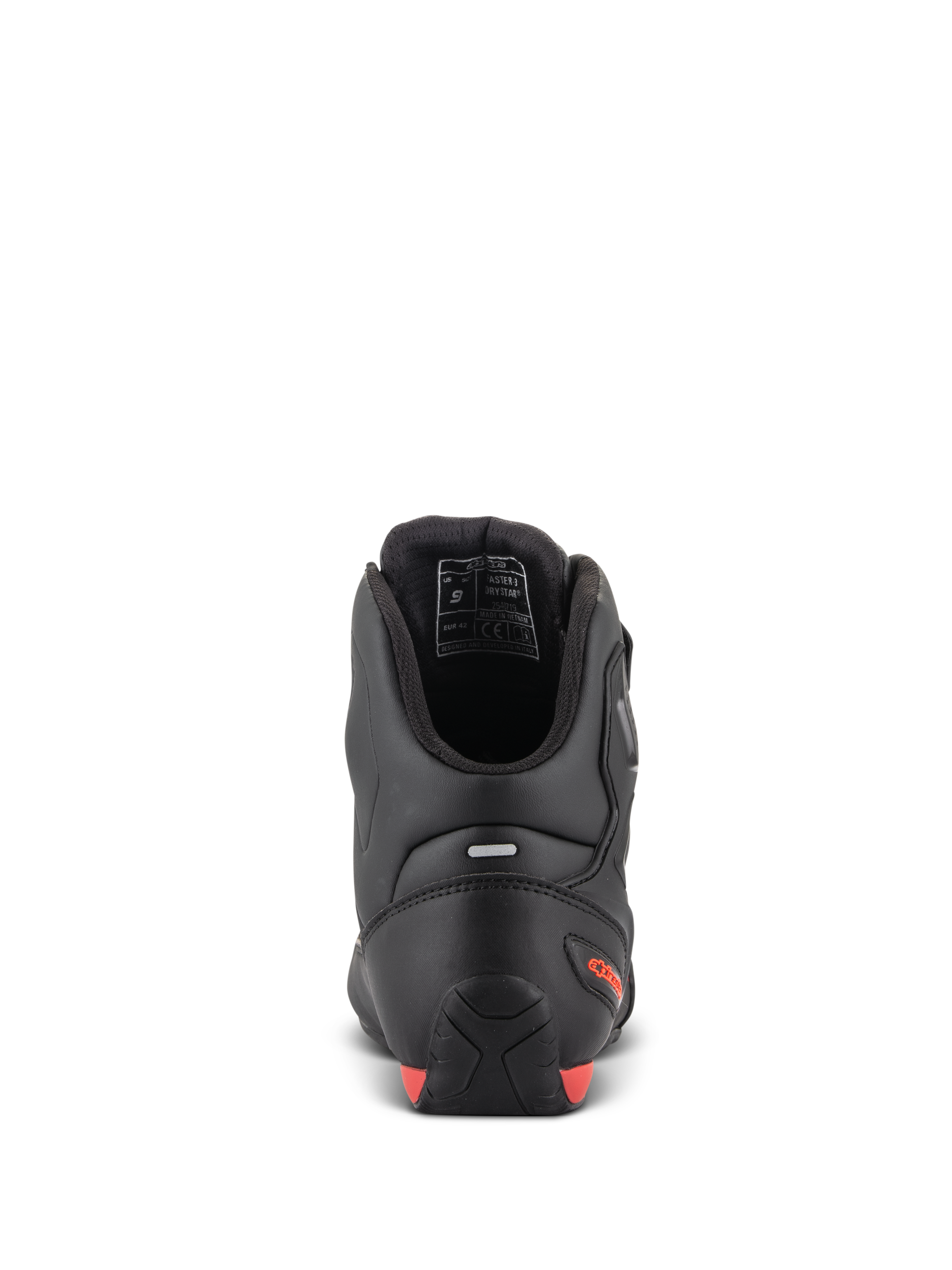 Sapatos Alpinestars Faster-3 Drystar®, sapatos de motociclismo, vista traseira mostrando o calcanhar e o tornozelo, microfibra preta com detalhes em vermelho fluo, tira refletora para visibilidade, calçado de proteção de inspiração desportiva para uso em estrada e urbano.