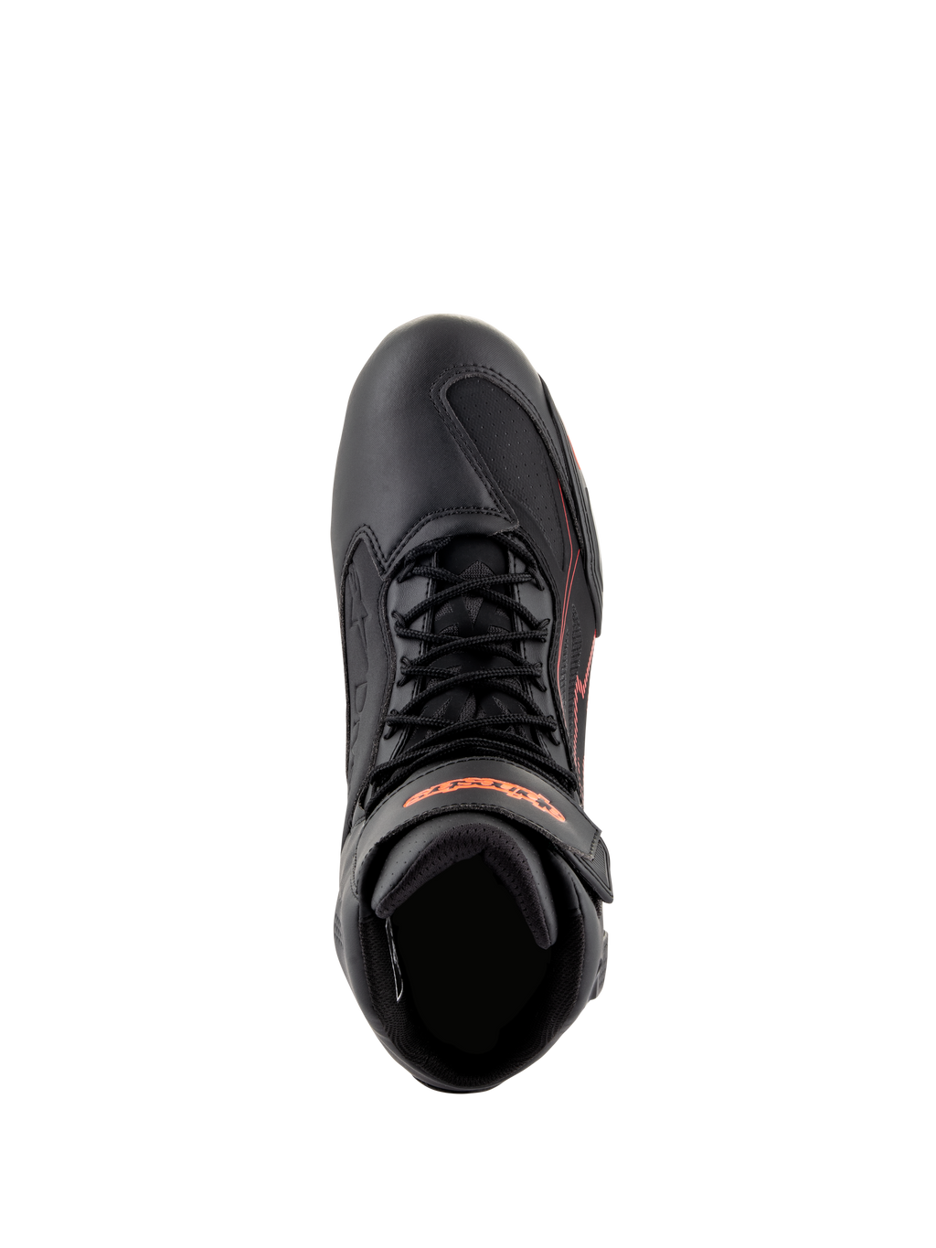 Alpinestars Faster-3 Drystar® Shoes, sapatos de motociclismo, pretos com detalhes em vermelho fluo, vista superior mostrando atacadores e tira no tornozelo, construção em microfibra técnica