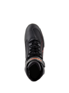 Alpinestars Faster-3 Drystar® Shoes, sapatos de motociclismo, pretos com detalhes em vermelho fluo, vista superior mostrando atacadores e tira no tornozelo, construção em microfibra técnica