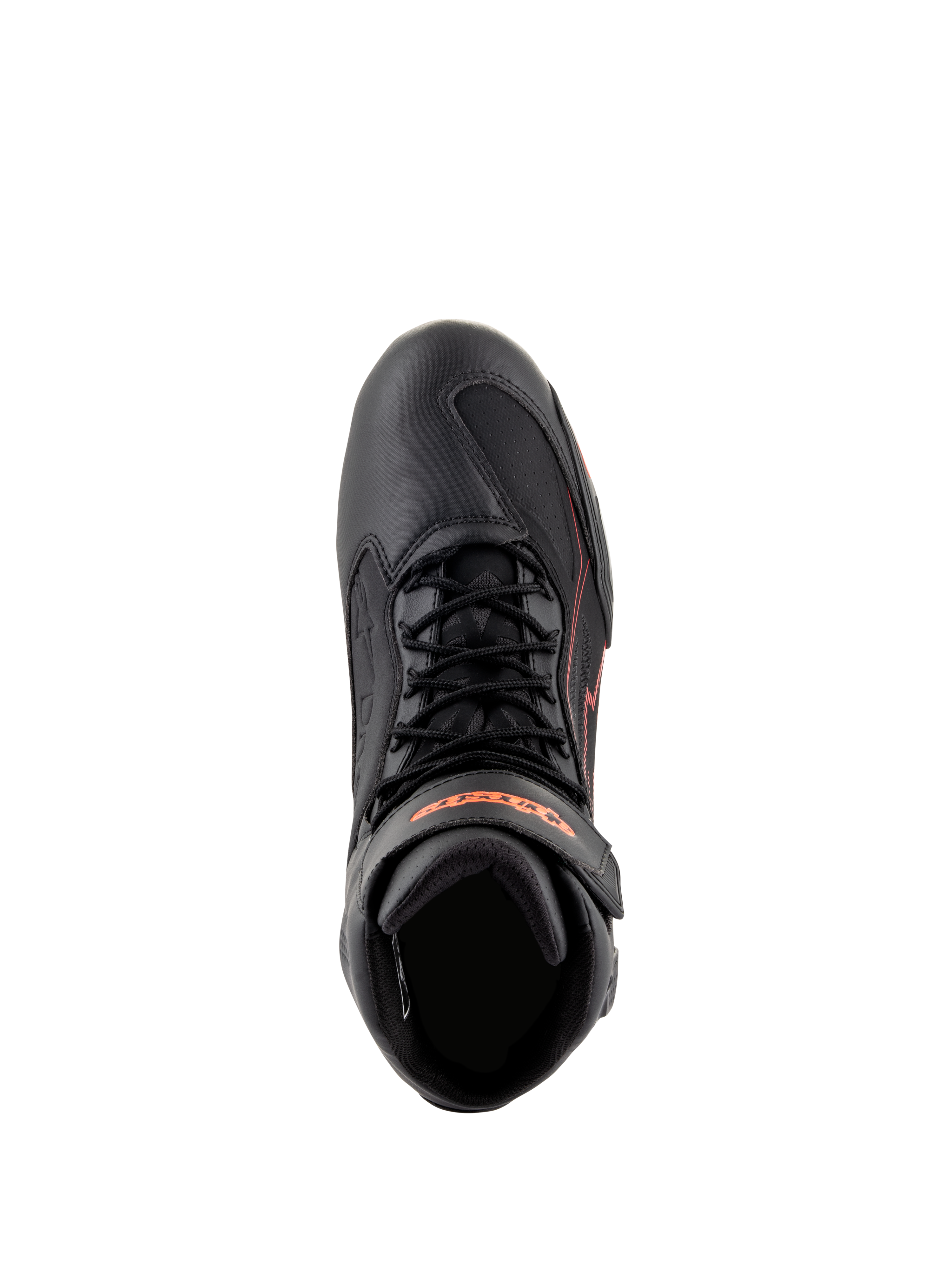Alpinestars Faster-3 Drystar® Shoes, sapatos de motociclismo, pretos com detalhes em vermelho fluo, vista superior mostrando atacadores e tira no tornozelo, construção em microfibra técnica